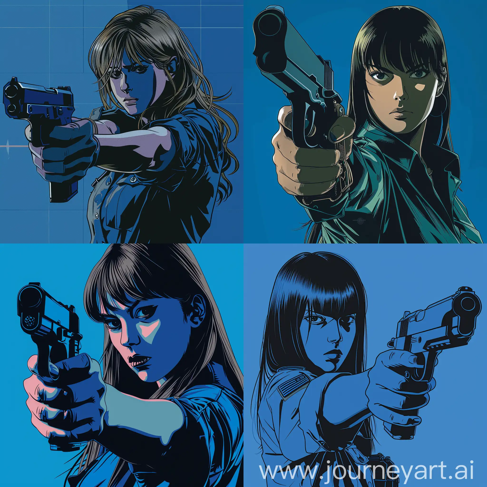 Anime woman holding a gun in front of a blue background, in the style of noir comic art, graphic illustration, militaristic realism, modular, heavy lines, cobra, zone system