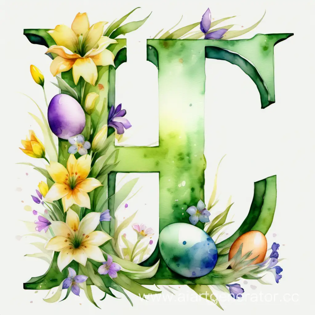  "I" Detailed description of the letter "I" high quality,, 8K Ultra HD, watercolor painting,   EASTER,EASTER EGGS AND SPRING FLOWERS high detail,green color