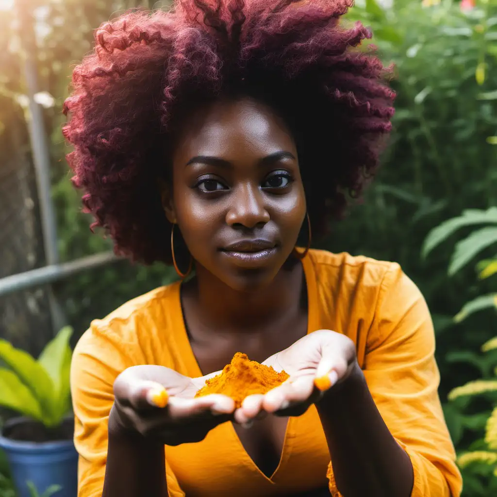 a beautiful black woman holding a piece of turmeric in her hand. she is in a garden. show just the turmeric in her hands
a close up shot
