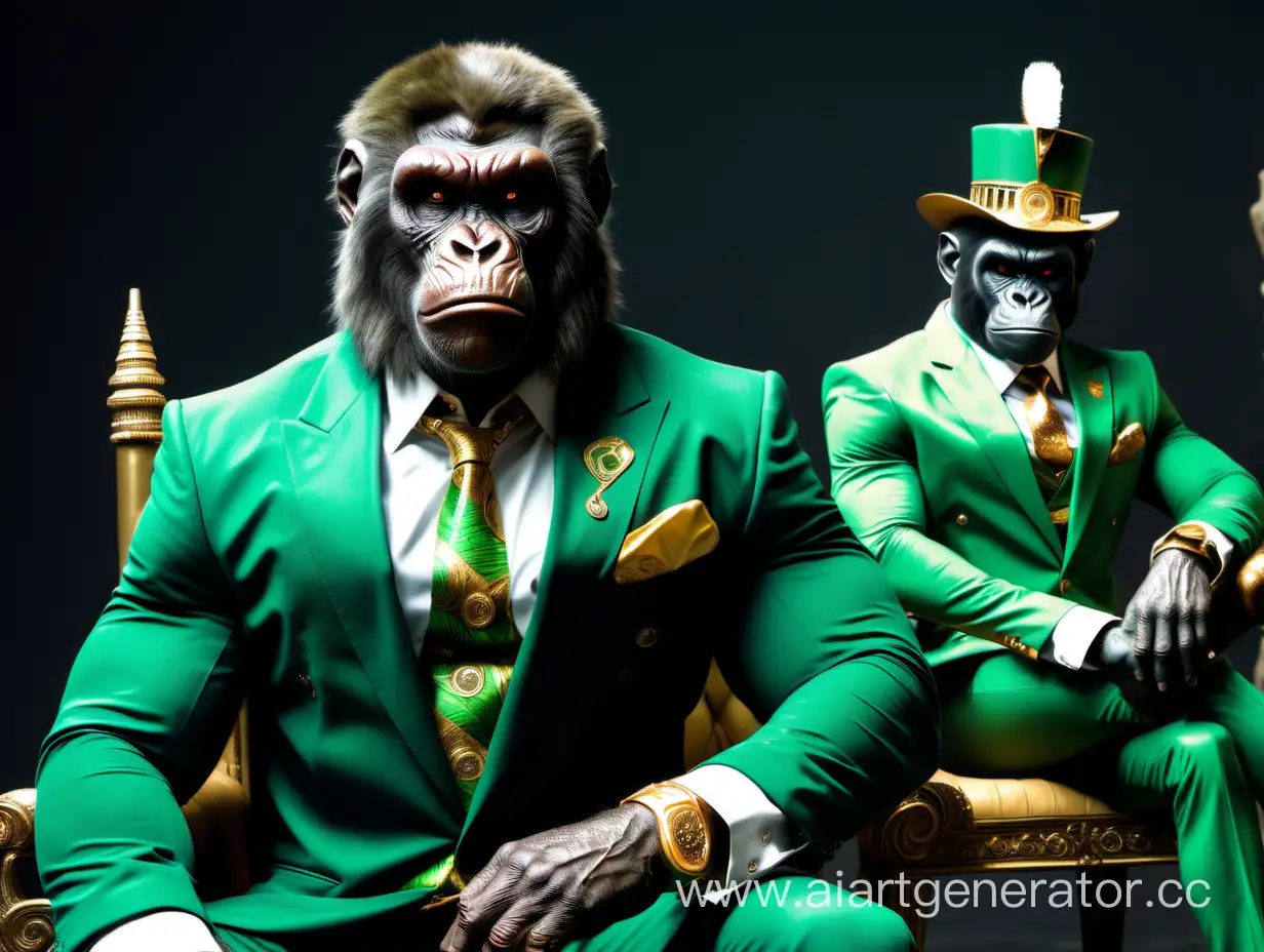 An African humanoid ape dressed in a green suit looking filthy rich sitting with humanoid apes looking muscular and wearing Zulu attire,looking evil