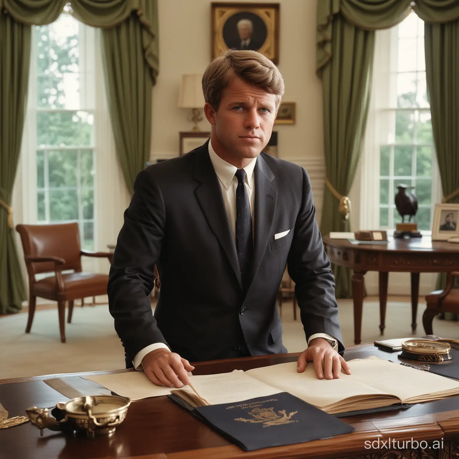 Robert F Kennedy Junior in a fine suit as president photo realistic rendering  is sitting in the Whitehouse  Oval office of the whitehouse.