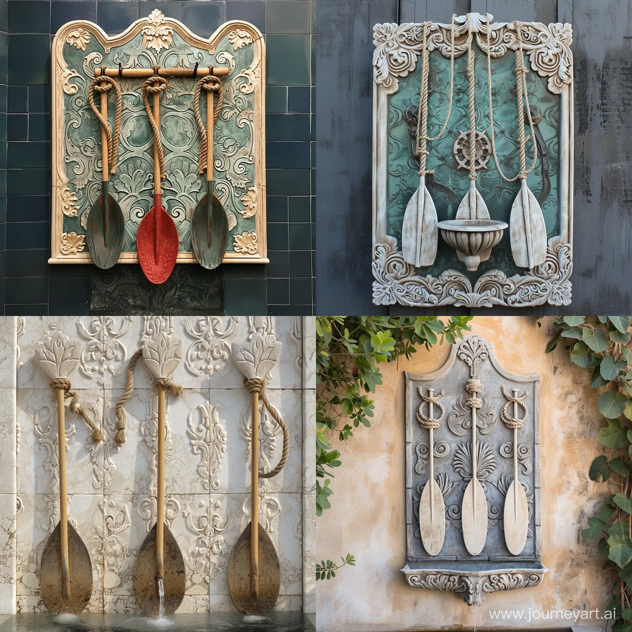 Maritime-Adventure-Sea-Vehicles-Paddles-and-Rope-Against-Baroque-Patterned-Wall-Fountain