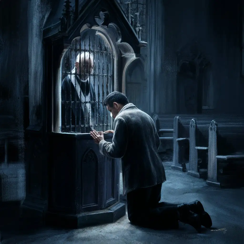 The interior of an old, mysterious church with a confessional located in the center creates an atmosphere taken from true crime.  Behind the confessional you can see the figure of a priest dressed in a traditional black cassock, and another figure of a man kneeling at the confessional. The scene focuses on how the person at the confessional, surrounded by the dark and historic character of the church, makes his confession.  The background with church pews adds depth and anxiety to the composition, enhancing the mysterious mood.