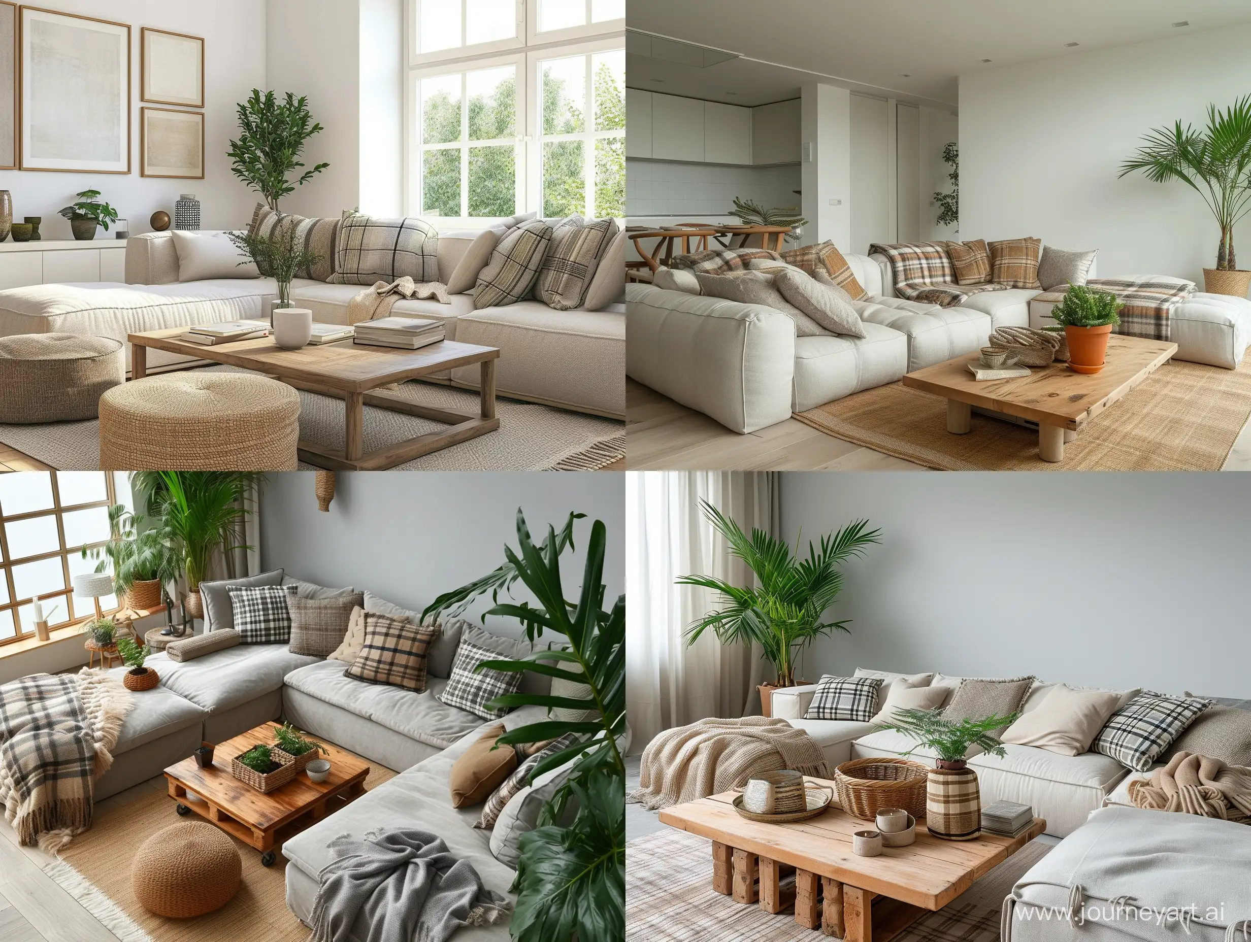 Modern open space interior with modular sofa design, furniture, wooden coffee table, plaid, pillows, tropical plants and elegant personal accessories in stylish home decor. Neutral living room --v 6 --ar 4:3 --no 5208