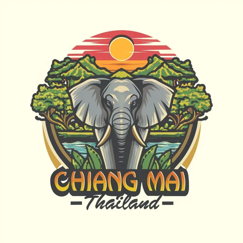 a logo design, with the only text: Chiang Mai Thailand, main symbol: happy elephant, moderate, to be used in travel industry, clear background, Modern font, green mountain forest, Thailand, Chiang Mai, Sunset, rice field