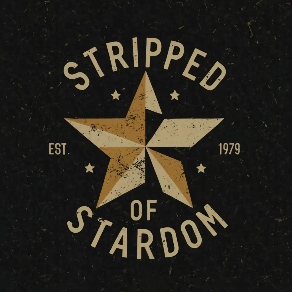 logo, A star cracked in half. Half is shiny and gold, and half is rusty, with the text "Stripped of Stardom", typography