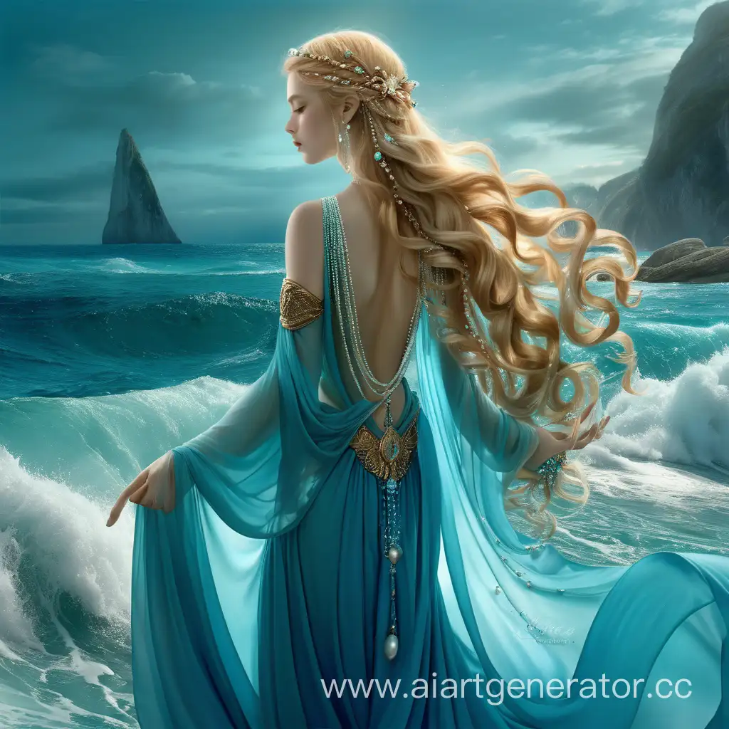 /imagine prompt: The enchanting and regal Goddess of the sea, her flowing golden hair cascading down her back, adorned with shimmering pearls and seashells, her piercing sapphire eyes reflecting the vastness of the ocean, elegantly draped in a billowing aquamarine gown, gently holding a trident in her hand, a gentle glow emanating from her presence