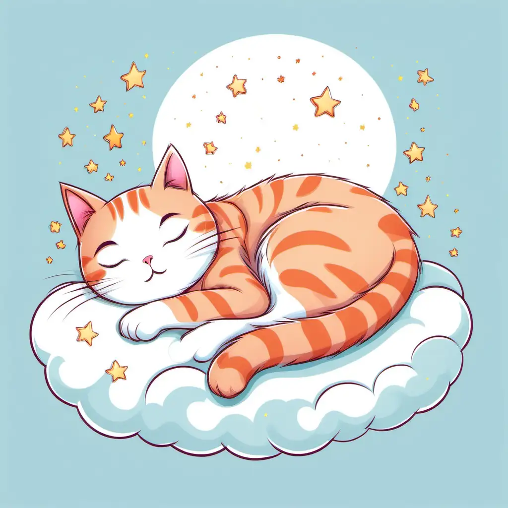Serene Cat Sleeping and Dreaming on White Background Illustrative and Vibrant
