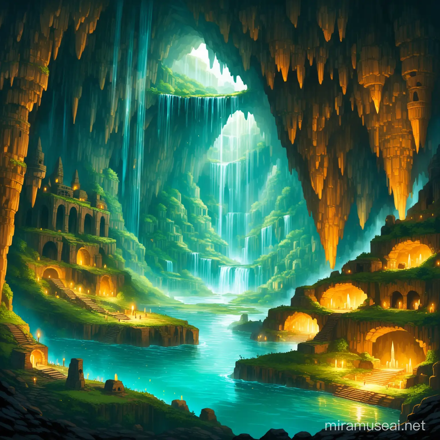 unterirdische Ruinen, stadt, katakomben, kristalle wachsen aus dem Boden, uralte Kultur, tief unter der Erde, magisch, viele Höhlen, wasserfälle