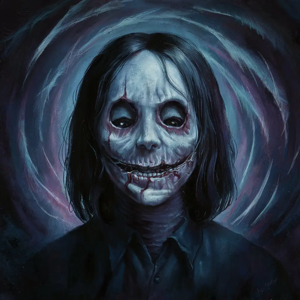 Horror painting on canvas, portrait, similar to Zack Dunn, dead eyes 