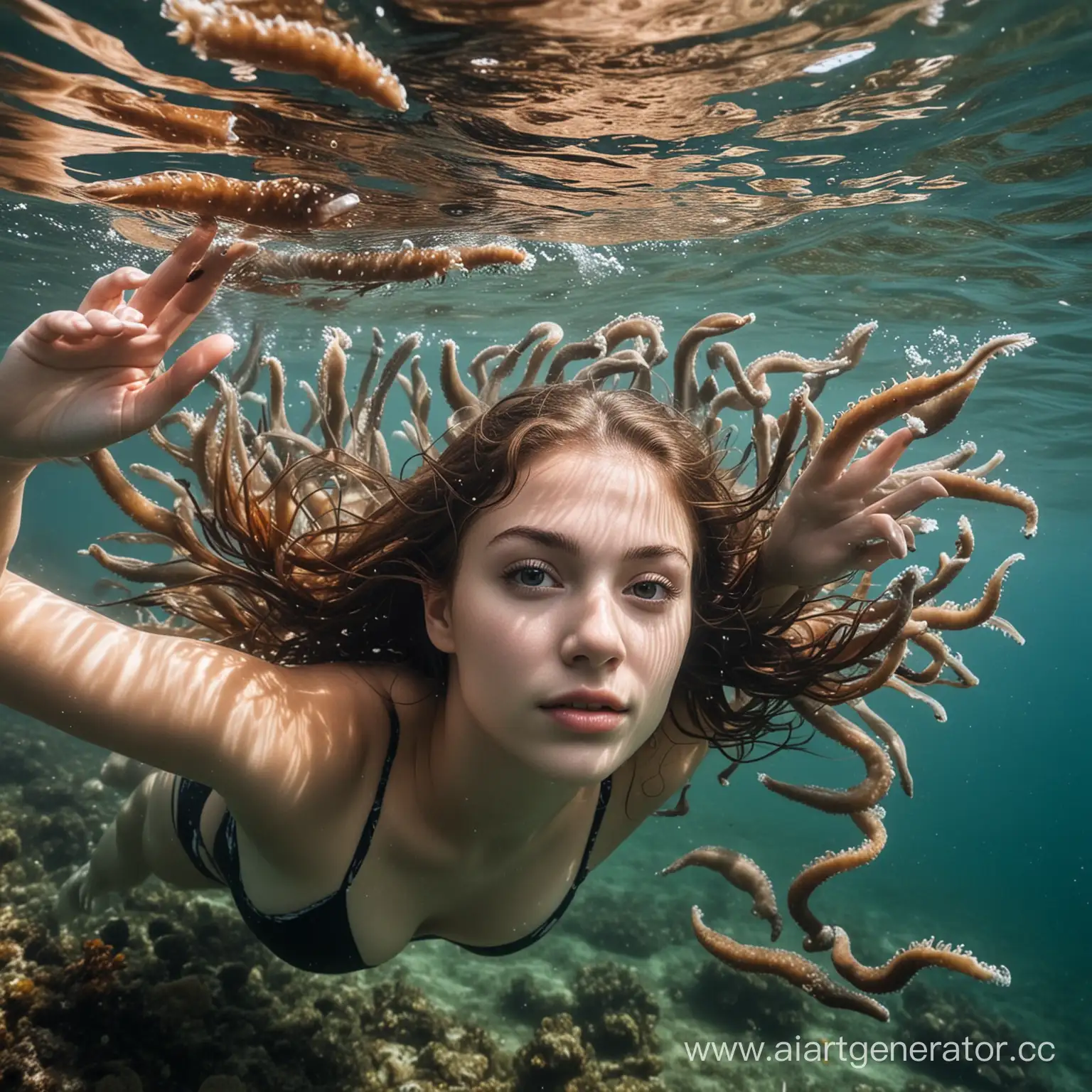 Красивая девушка плавает в море под водой и вокруг нее плавает много морских червей