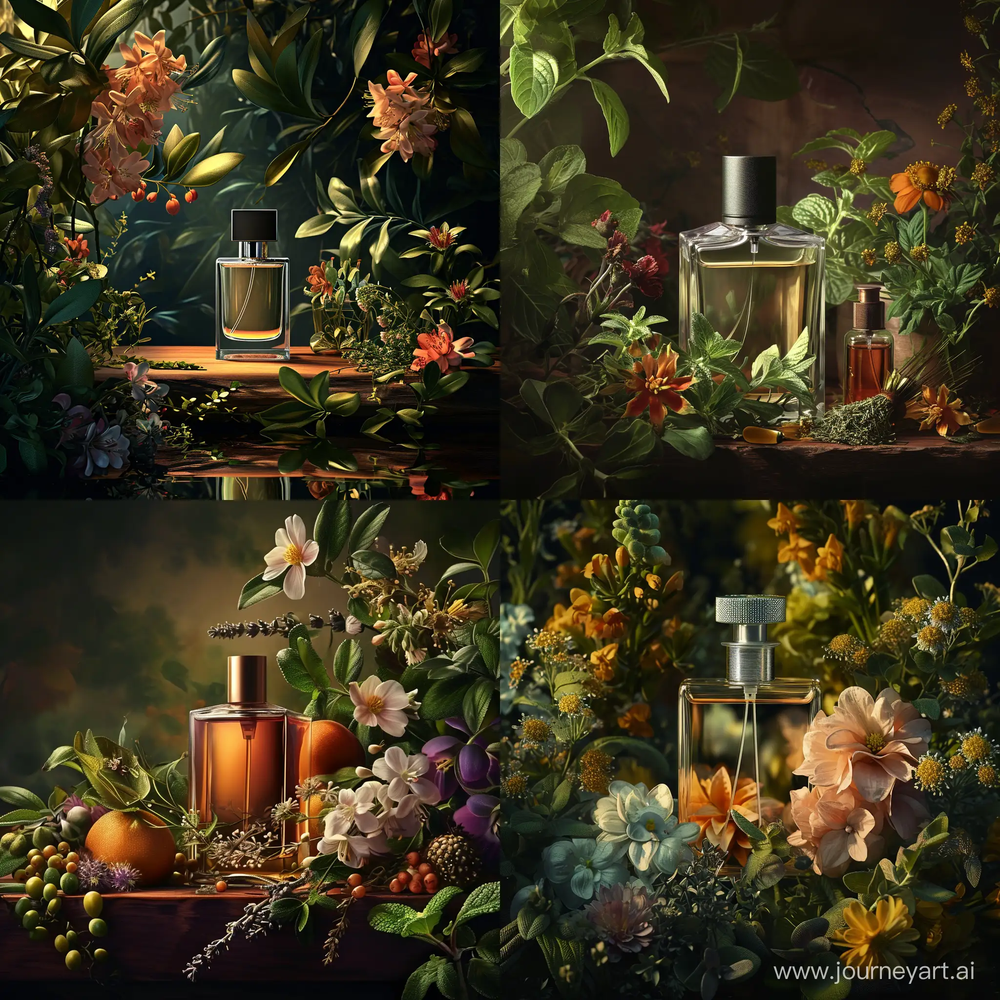 парфюмы, цветы,, травы,  натюрморт, детально, фон мистический и загадочный, реклама, фотореалистично