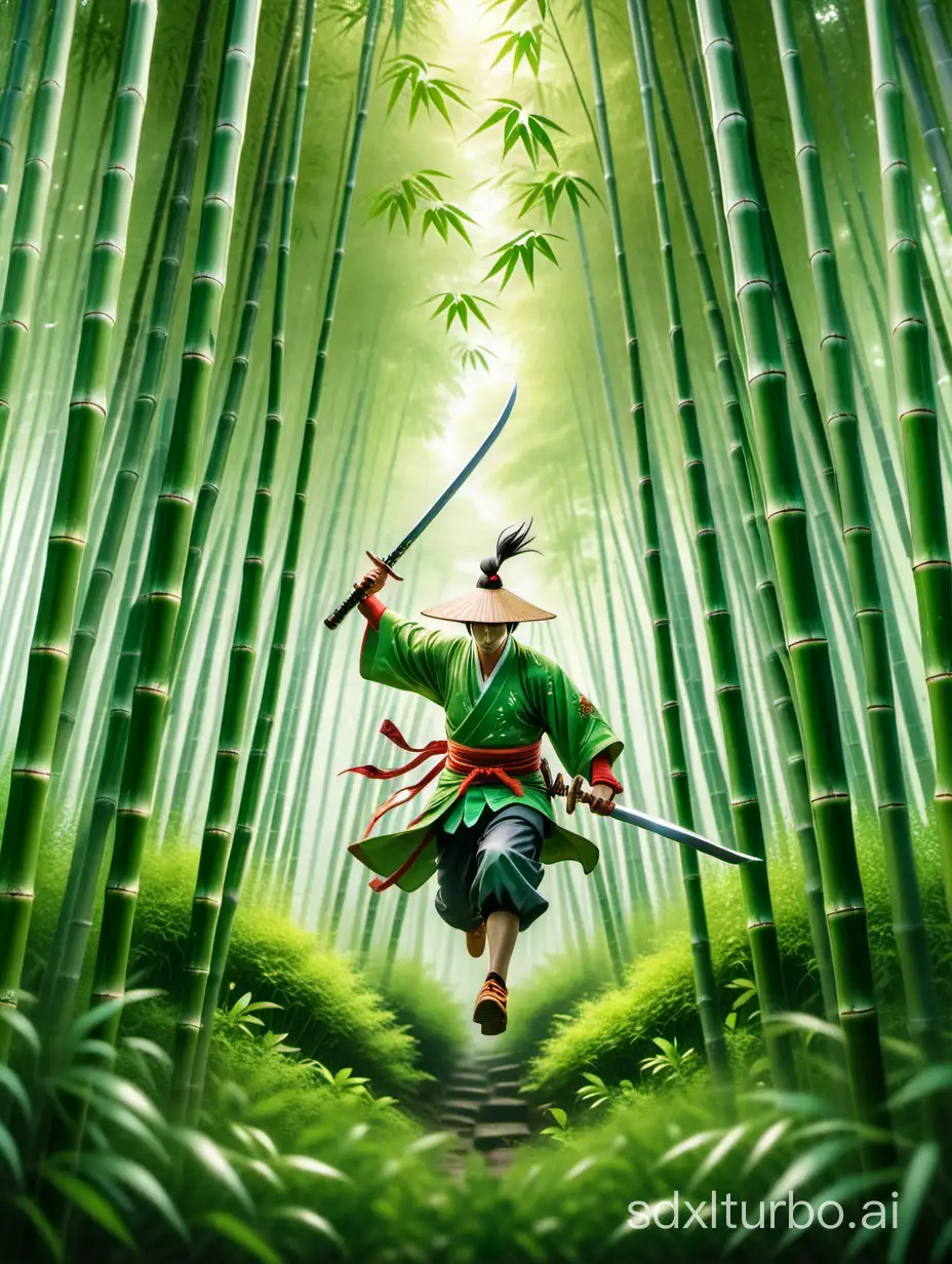 High quality, high image quality, Chinese style, green bamboo forest, top view, samurai wearing hat, holding sword, running, phantom in 7 positions
