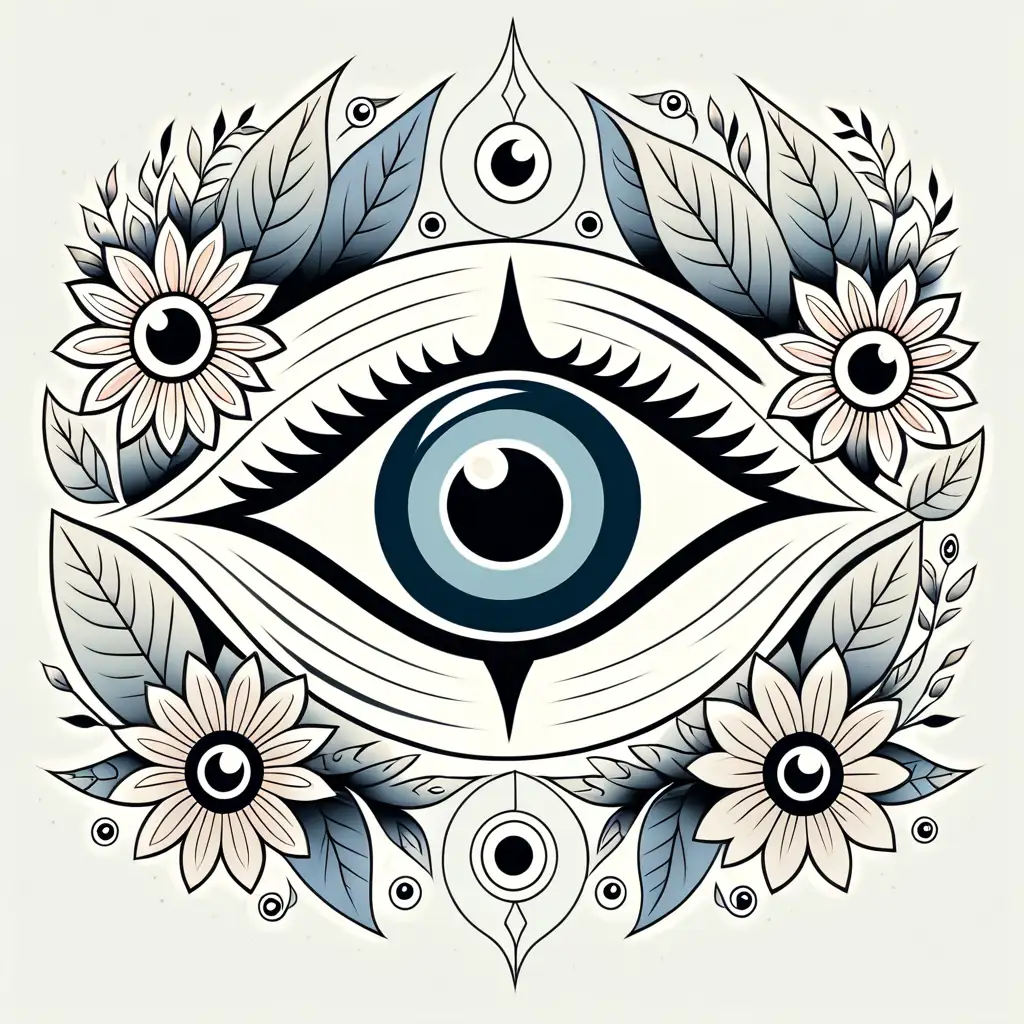Mystical Line Art Muted Evil Eye with Floral Accents
