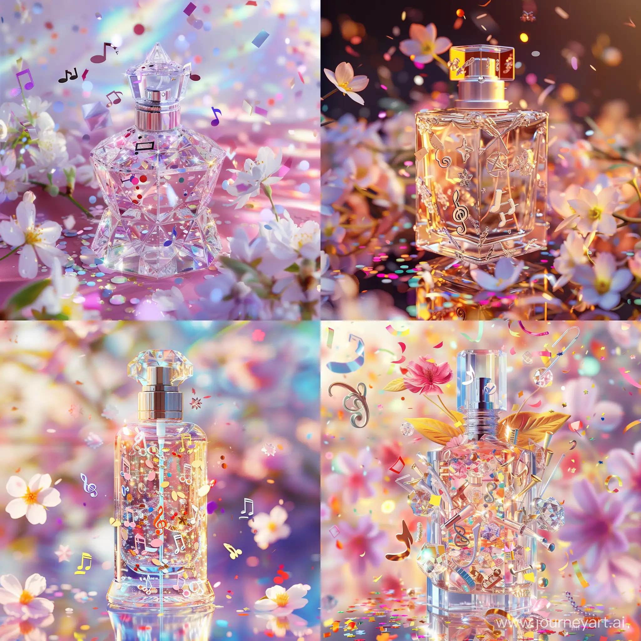 holographic shimmer, high quality, 8K Ultra HD, many symbols of musical notes and instruments inside a crystal perfume bottle from yukisakura, high detail, early spring flowers, confetti, beautiful background