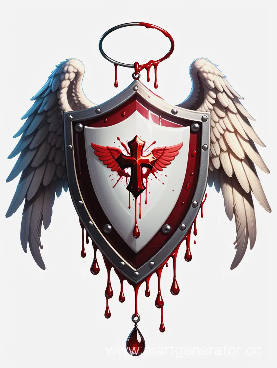 A shield badge with angel wings and a drop of blood in the center.