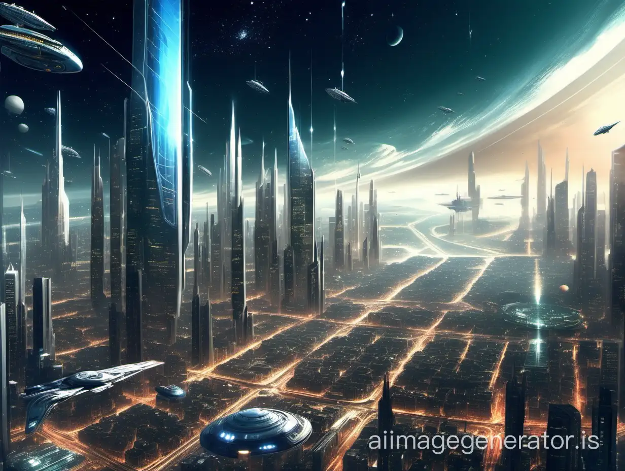 a futuristic city, foreign architecture, transparent buildings, action game landscape concept art, future, hitech, advanced technology, widescreen, wide shot, digital art, skyline, space ships fly in the distance, stars