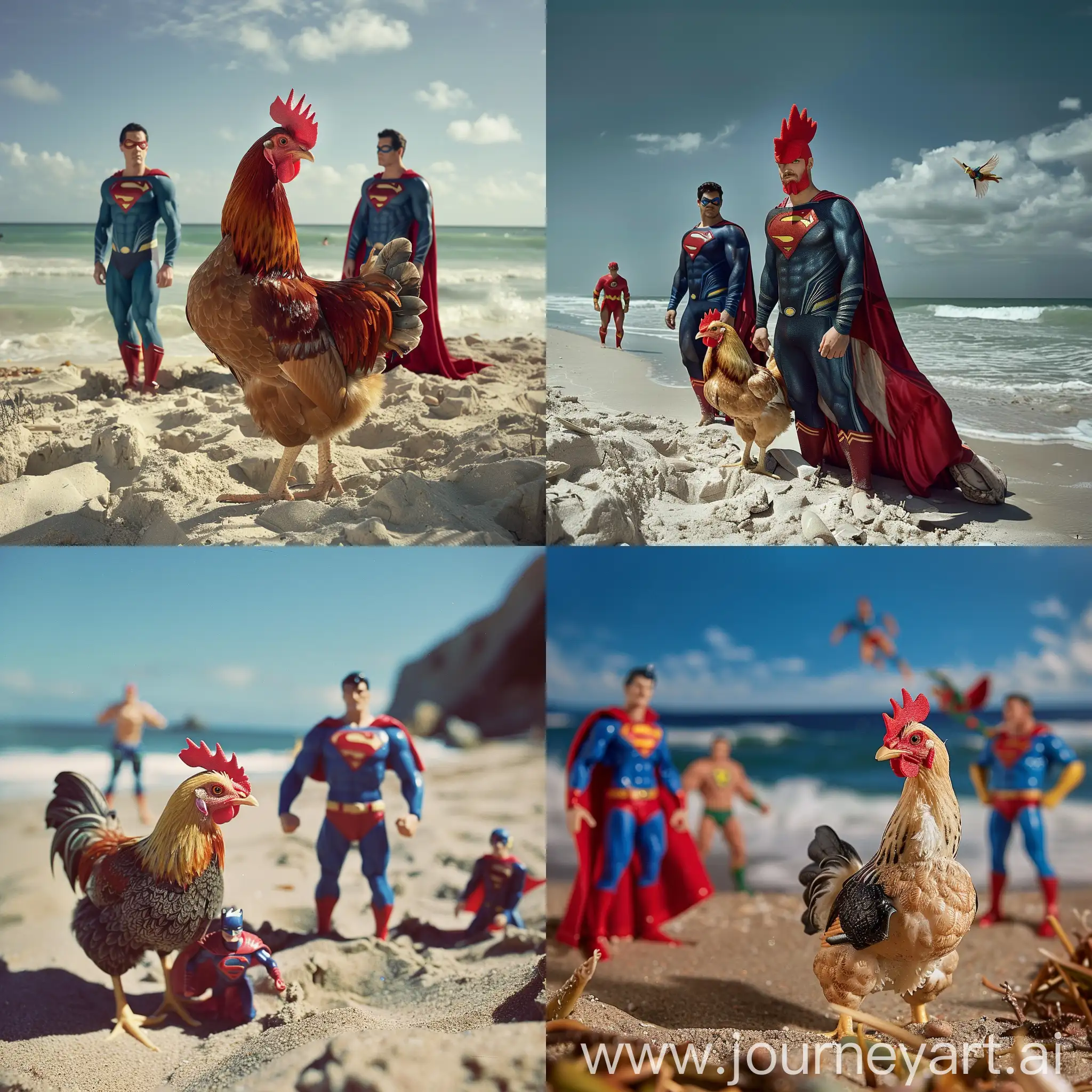 Colorful-Chicken-and-Superheroes-Enjoying-Beach-Day