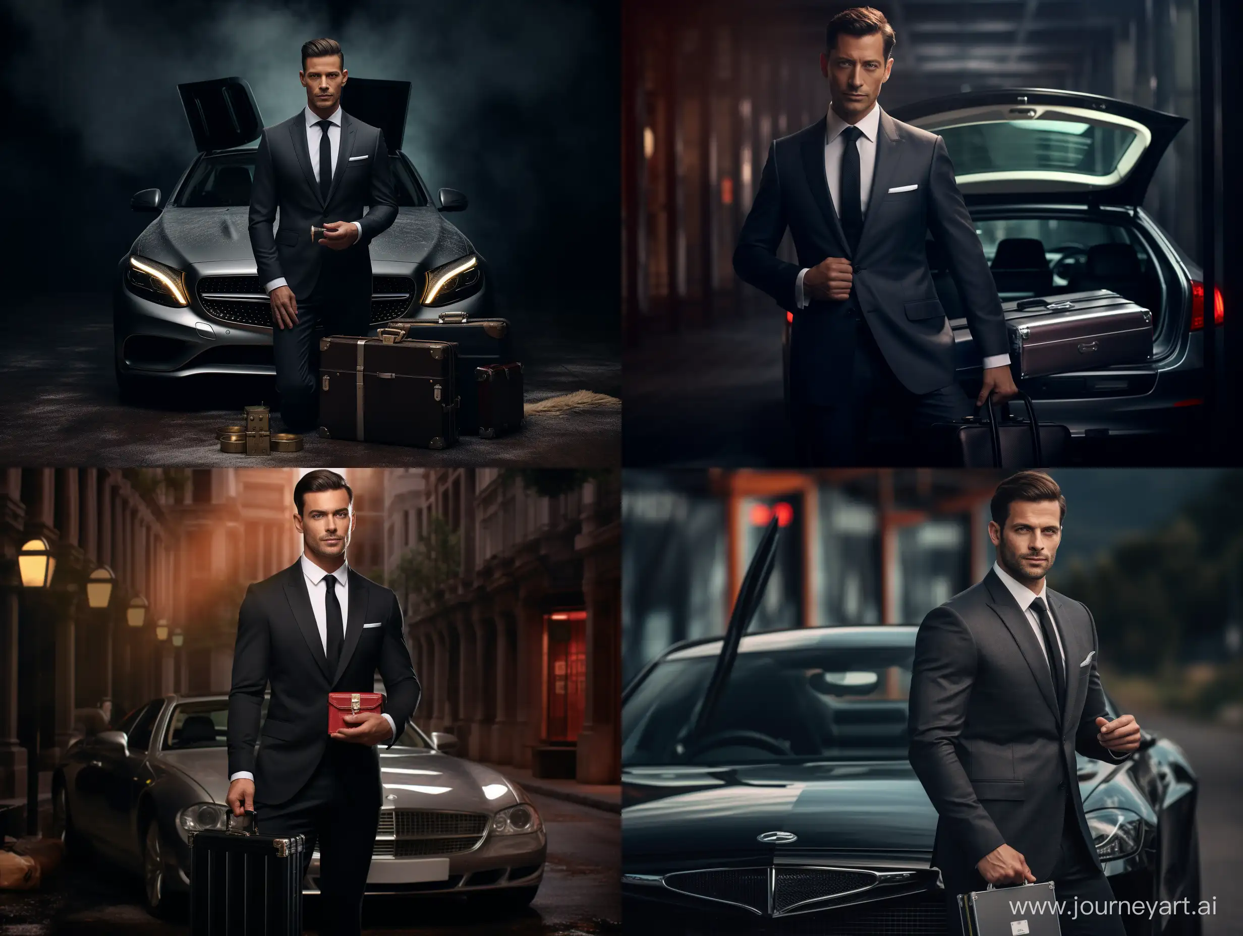 Businessman-Showcasing-Wealth-with-Open-Suitcase-and-Mercedes