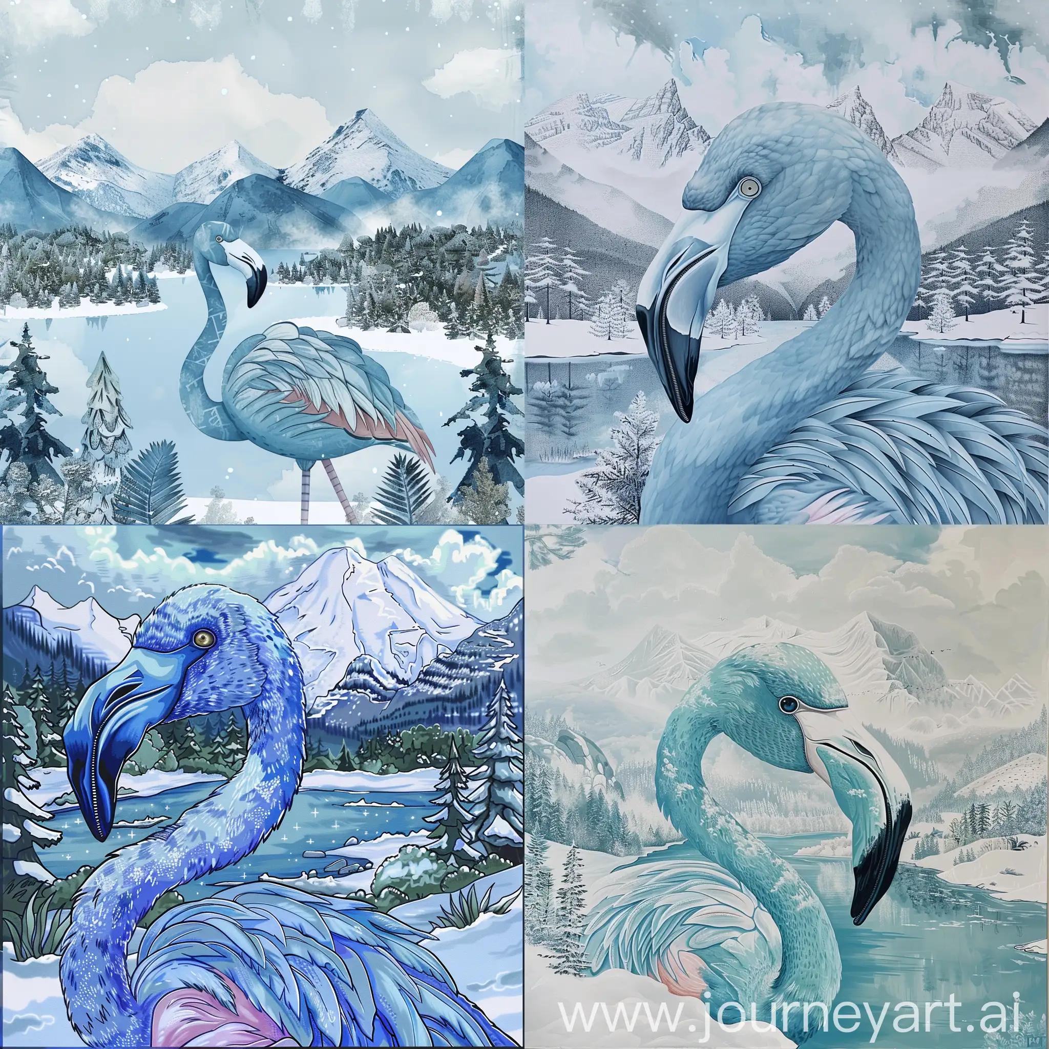 Winter-Mountain-Lake-Scene-with-Light-Blue-Flamingo-and-Dark-Blue-Nose