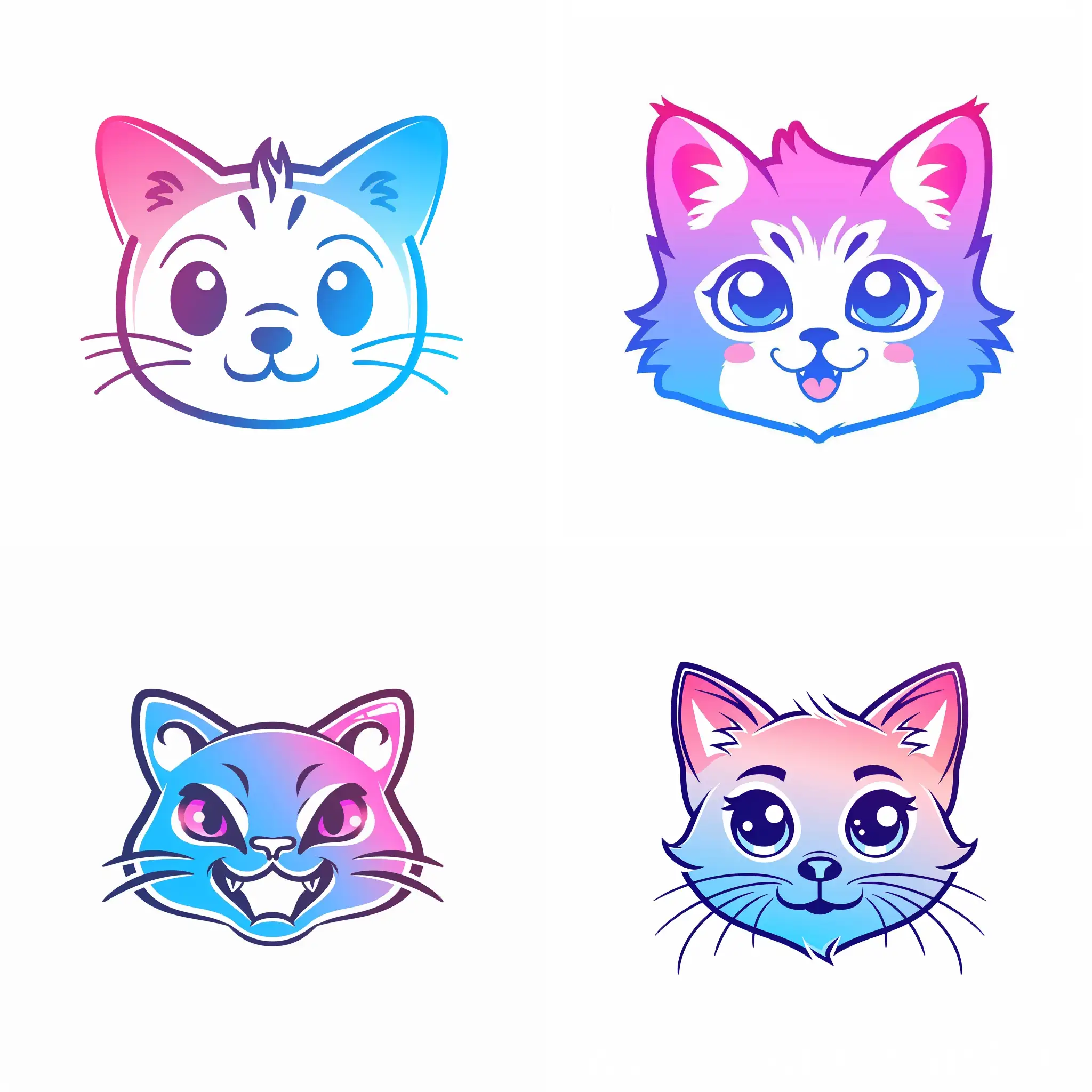 Make a logo with funny and crazy kitten's face. Use Blue to pink gradient. Background is white. Simple cartoon style.