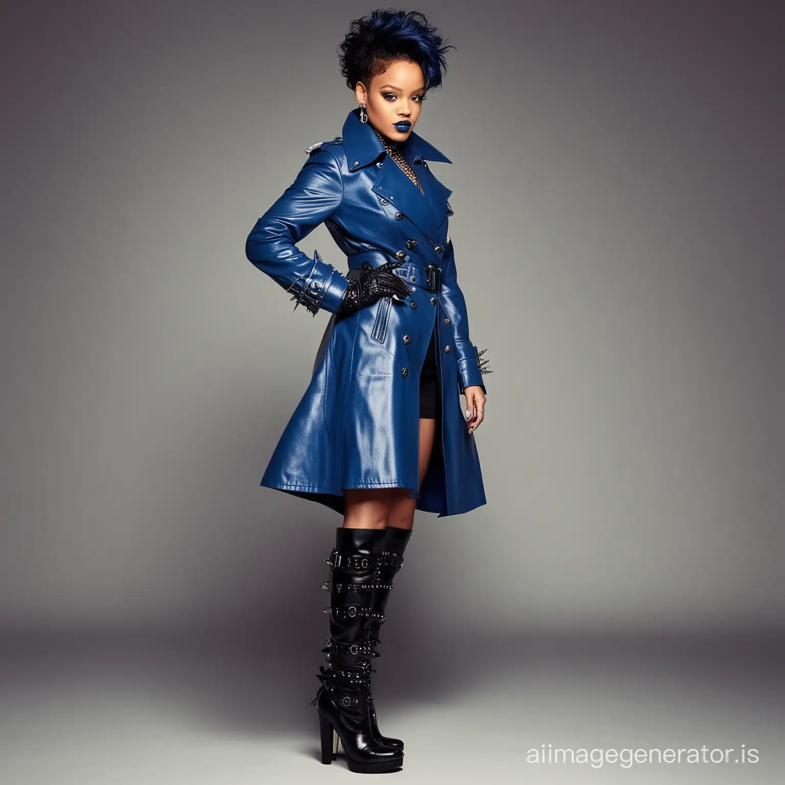 Rihanna,, large breasts, wearing blue leather trench coat, punk rock blue spike hair, spiked dog collar, high heel leather boots, leather bra, black lipstick,, black leather buckles, black leather gloves