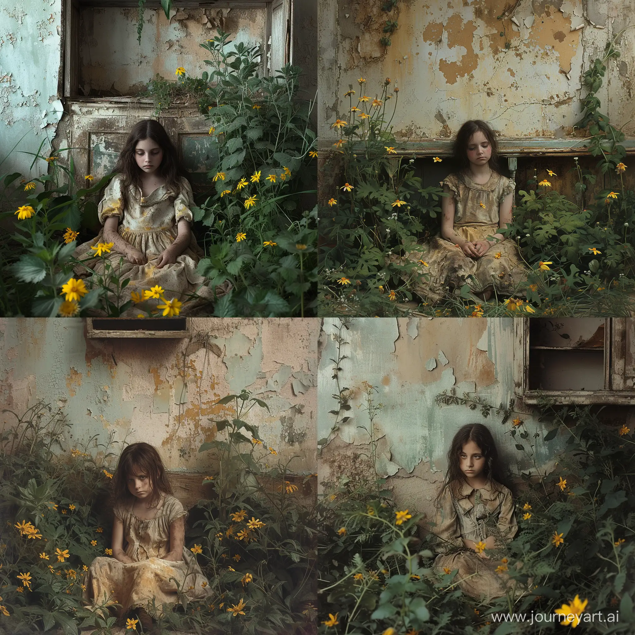 A sad girl, sitting amidst overgrown plants and flowers, wearing a dirty, aged, and worn-out dress that appears to be from an older era, seated in front of an old, dilapidated wall with peeling paint and a broken shelf or cabinet, with yellow flowers growing around the person, indicating an abandoned or neglected setting