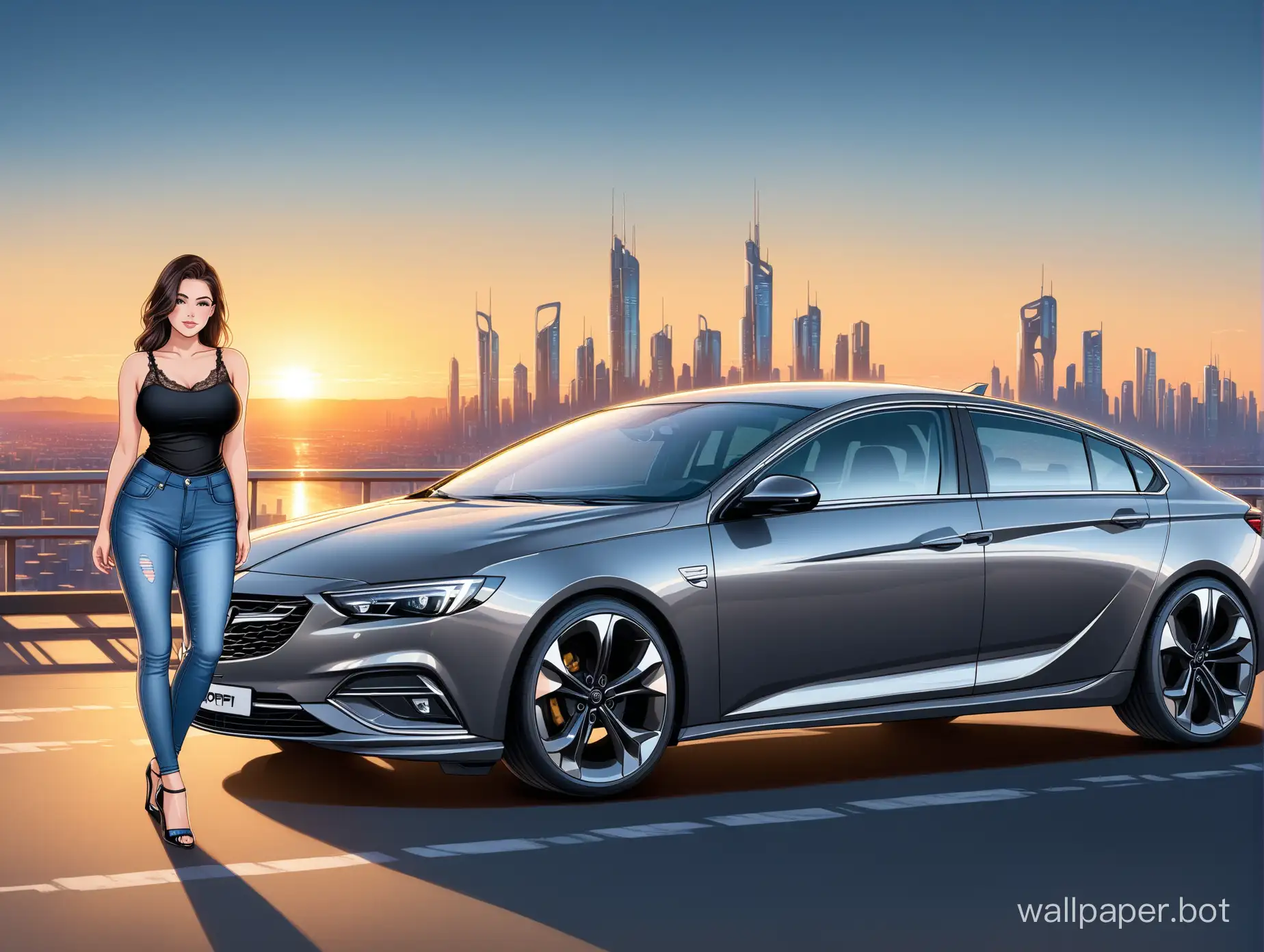curvy brunette in jeans and black tank top with lace, high heels standing next to a opel insignia grand sport in steel color with a futuristic city at sundown in the background,