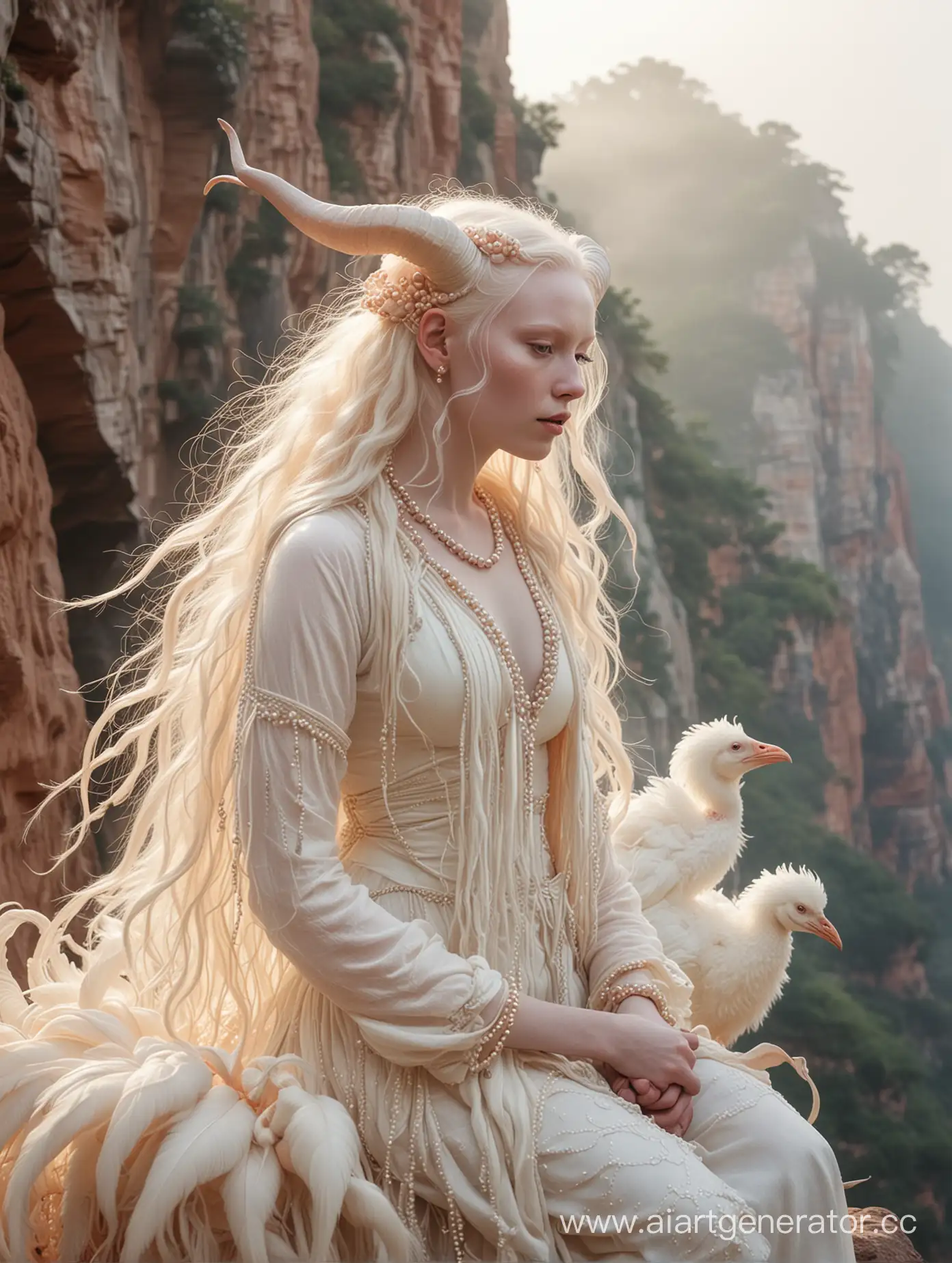 Dawn lighting. Soft pastel colors. Fog and mist. Between dusty cliff edges. A fair skinned albino majestic woman with huge bended fleshy horns and pointed fleshy ears. She has super long half braided flowy hair. Fabric and lots of pearls wrapped around her body, fluttering in the wind. Riding upon a big albino fluffy dodo bird, covered in pearls. Riding on a cliff edge