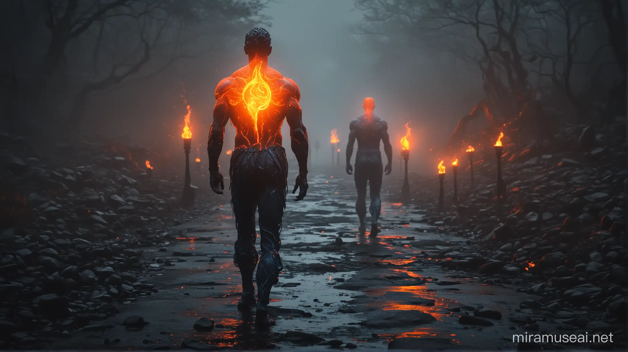 Stoicism, motivation, stoic muscular FIGURE outdoors, next to him a source of water, connected with lava burning sun the image has red blue and orange glows the figure
and it's dark
he walks along the road and there are atmospheric lamps on the sides, the figure is supposed to be on his back and confidently walking forward