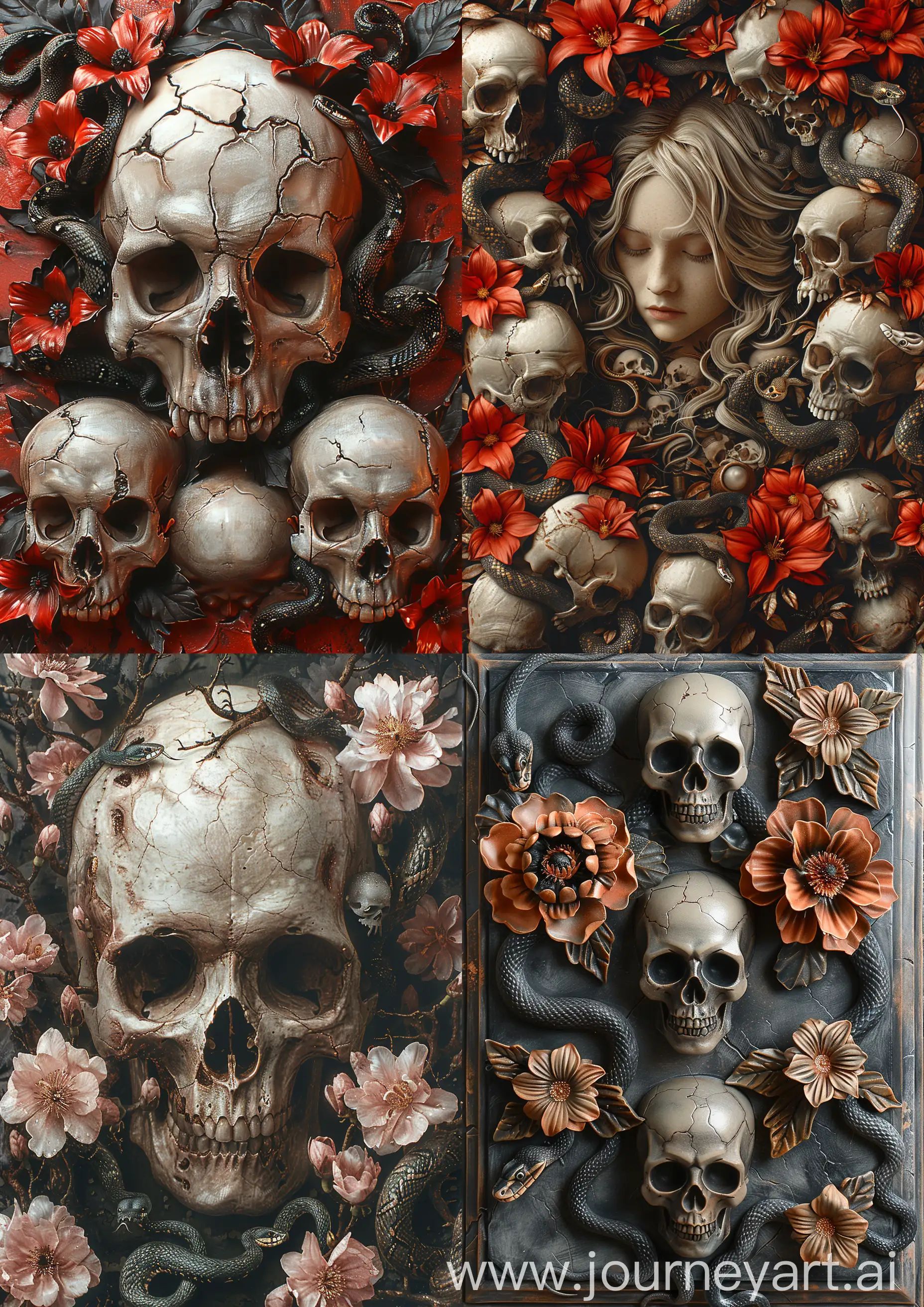 Gothic realistic scary canvas frame ornated in skulls, flowers and snakes, high tones, high detail, —c 22 —s 750 —v 6.0 —ar 5:7
