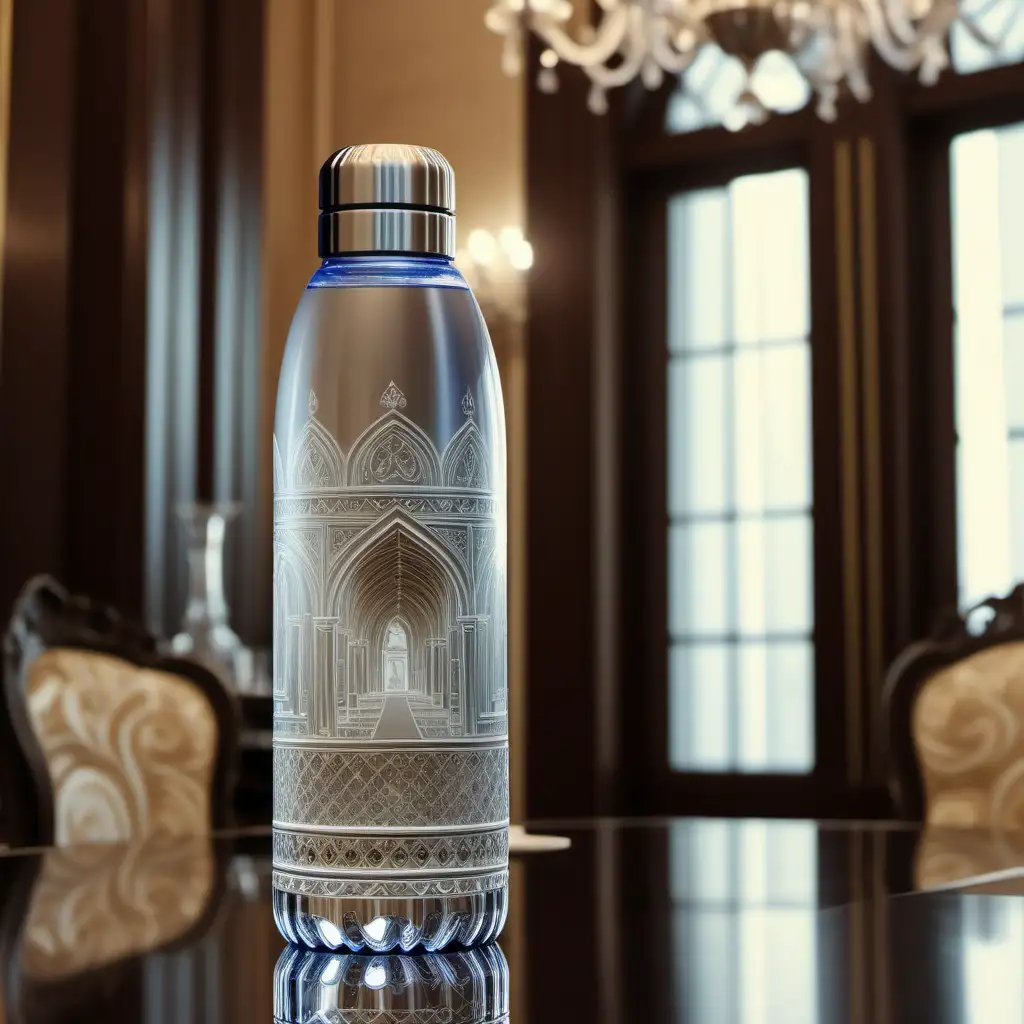 As the camera zooms in on the luxury water bottle luxury palace inside on a dining table 