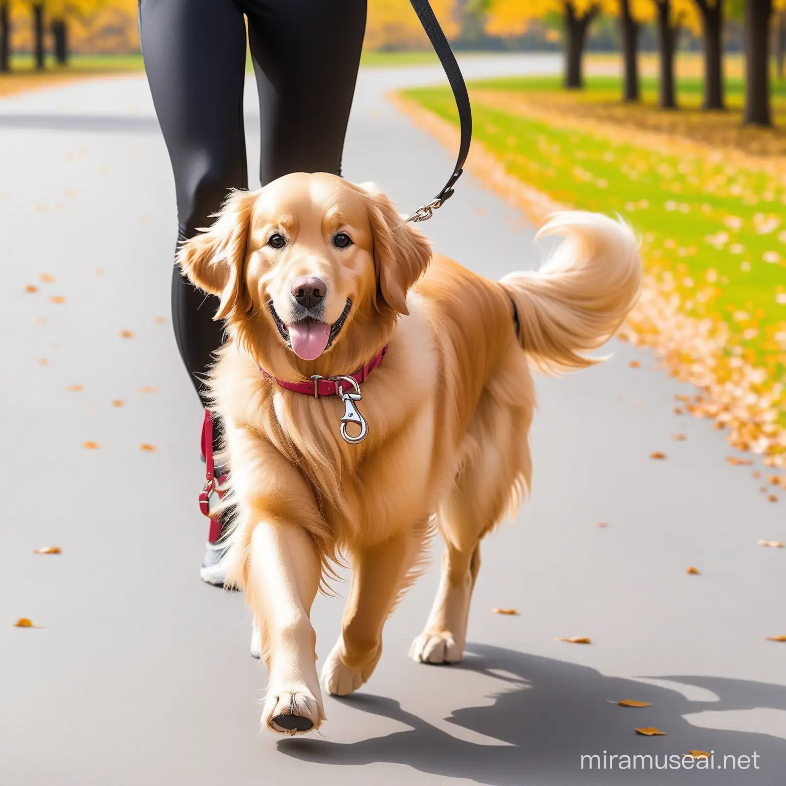 Golden Retriever Walking on Leash in Sunny Park