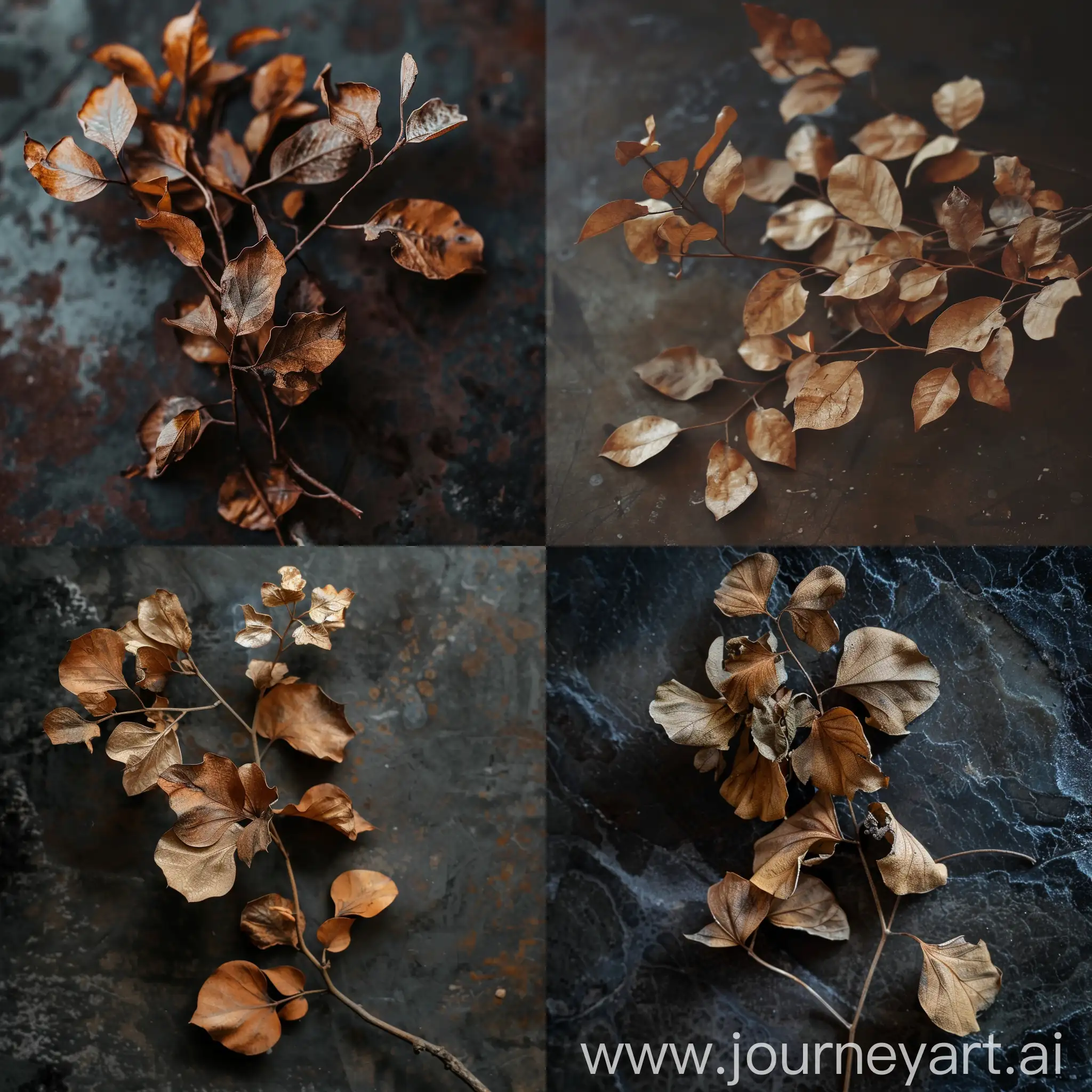A dried plant with brown leaves, placed on a dark surface.