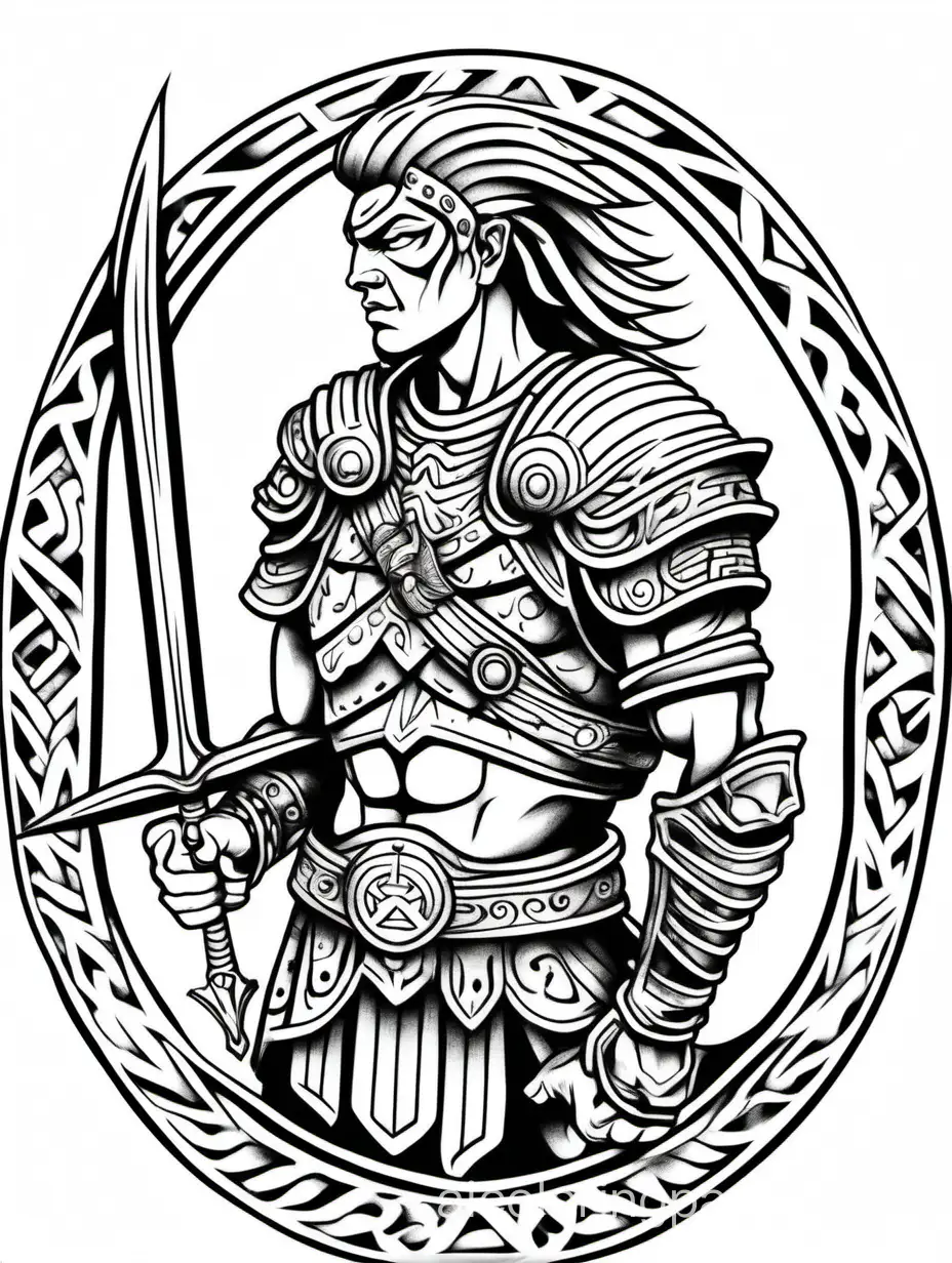tattoo of a warrior , Coloring Page, black and white, line art, white background, Simplicity, Ample White Space. The background of the coloring page is plain white to make it easy for young children to color within the lines. The outlines of all the subjects are easy to distinguish, making it simple for kids to color without too much difficulty
