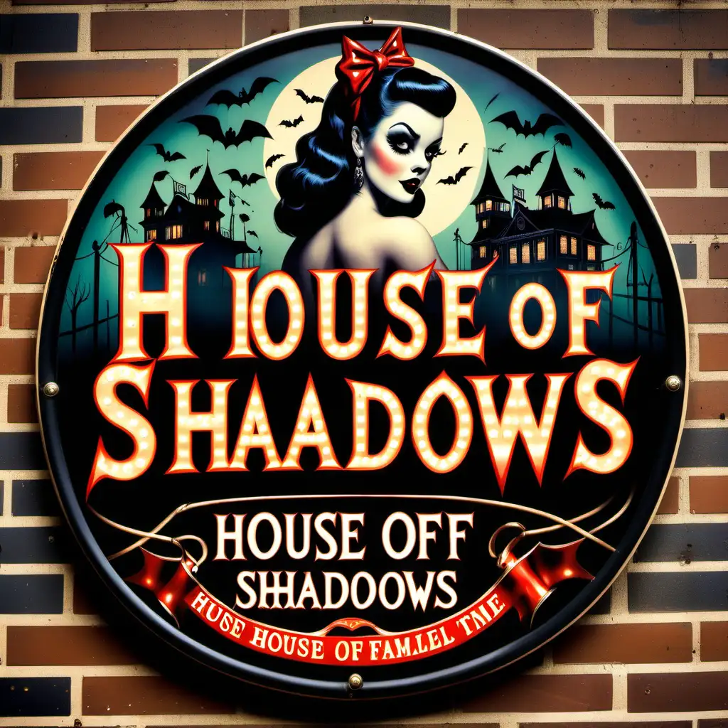 traditional vintage english  style fairground sign "HOUSE OF SHADOWS!" with spooky pinup 