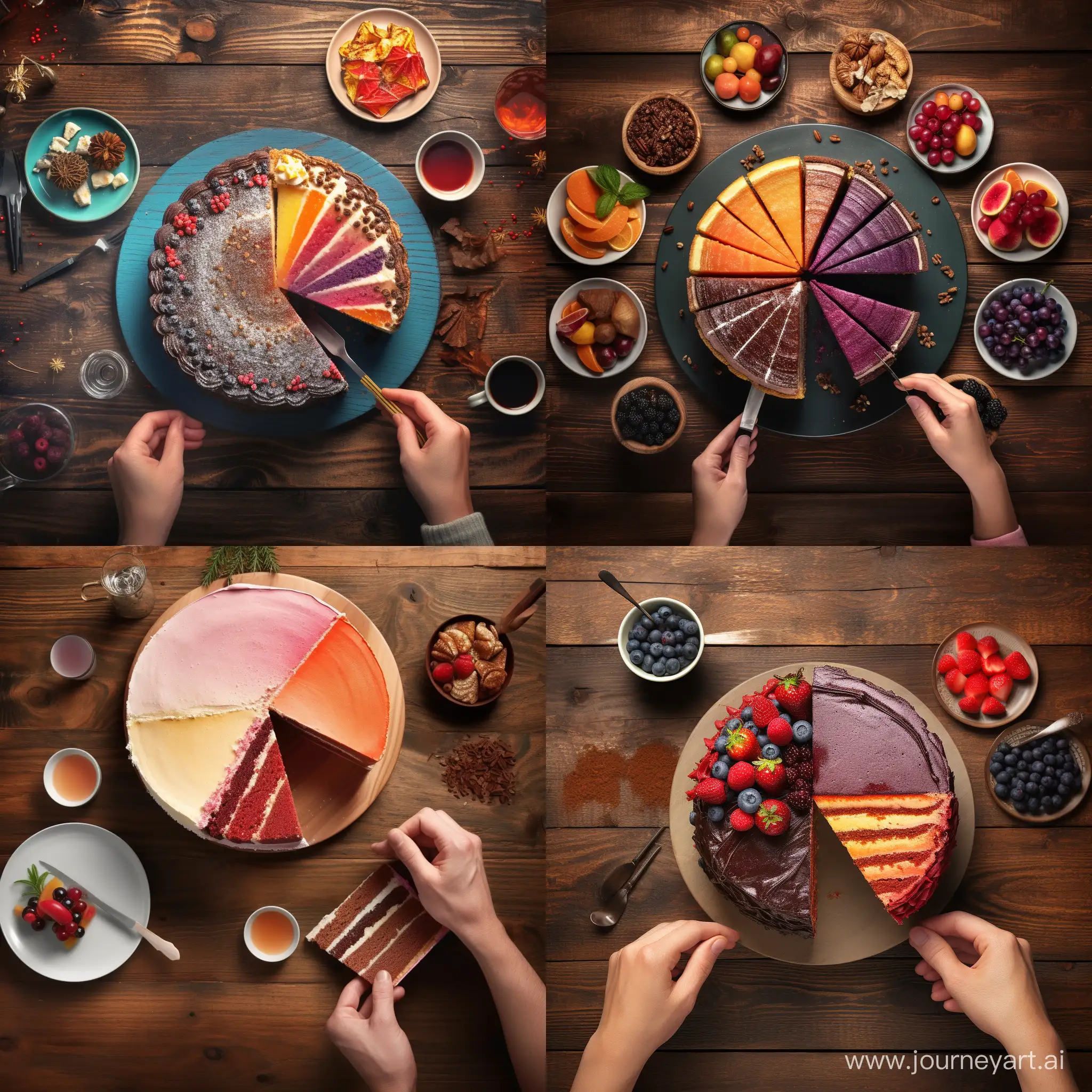 color photo of a cake on a wooden table, with a slice of cake cut out and placed next to it. The hands of a chef are visible. The view is from above. The overall atmosphere is festive. The image size is 1360x644. The color palette to be used includes 