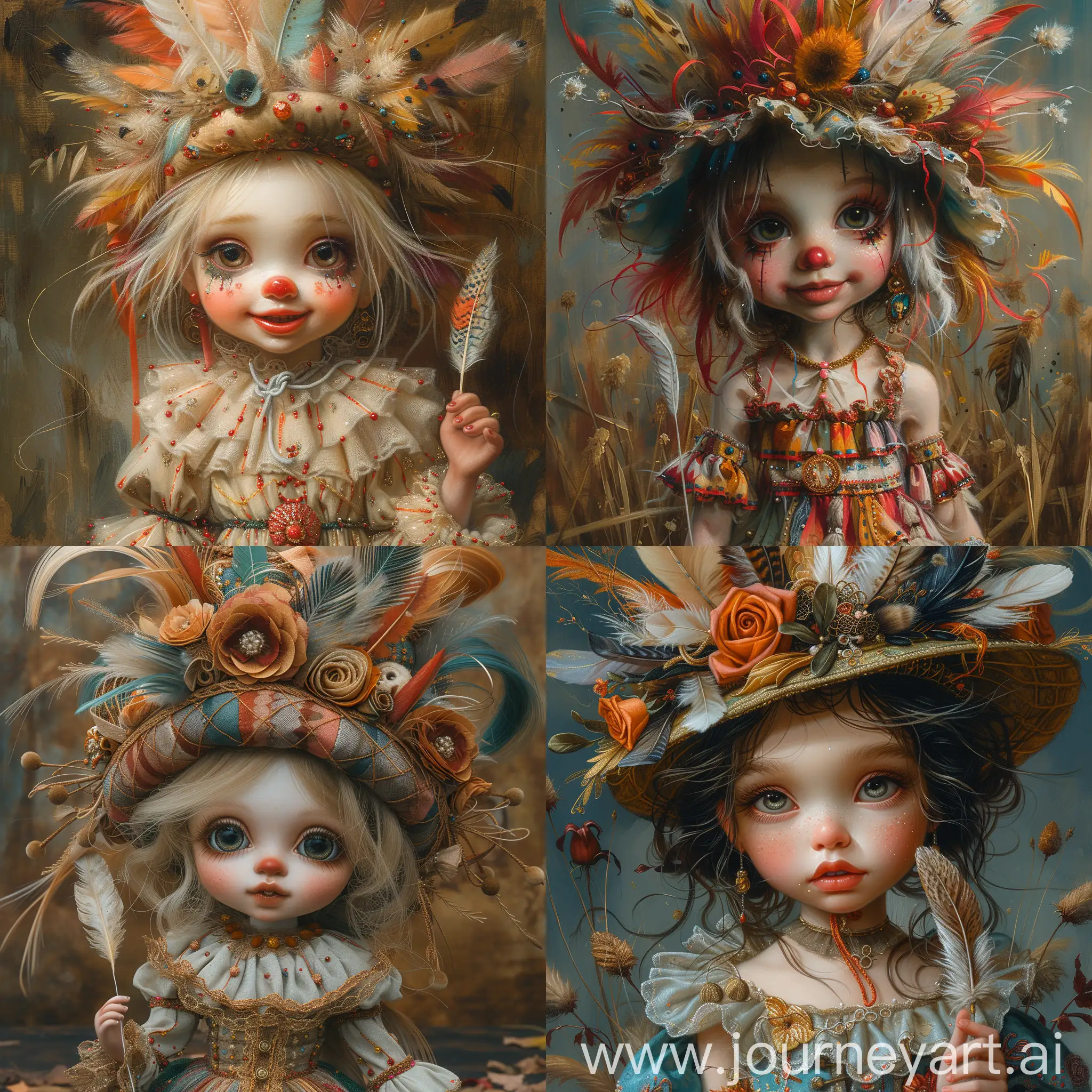 Wide-Angle Shot,  a stunning china clown doll with with a hat full of feathers,  a cute dress, She holds a feather in her hand,  surreal background, matte, fine oil painting, contemporary, bright colours, ash and bitter, --stop 95 --stylize 650
