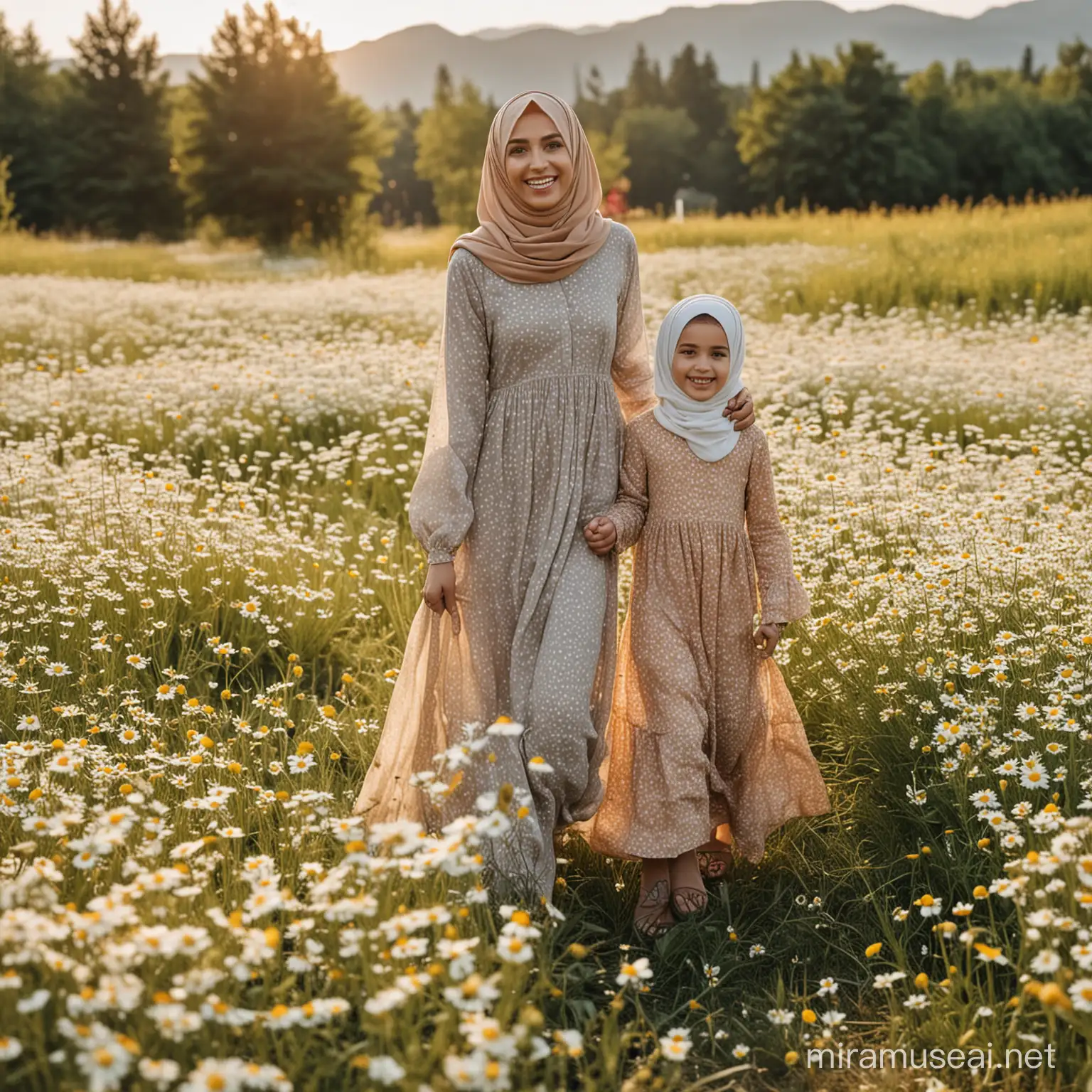 a cheerful mom and daughter both wearing hijab in a dress walks through a chamomile field