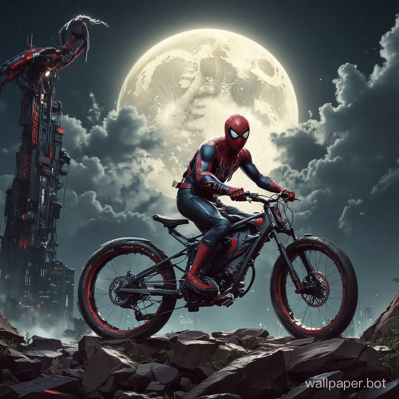 generate a wallpaper for my pc (include ebike, moon, Spiderman AI touch up which represent new edge era tech gig fan vibe and some frenk boroni touch up also )