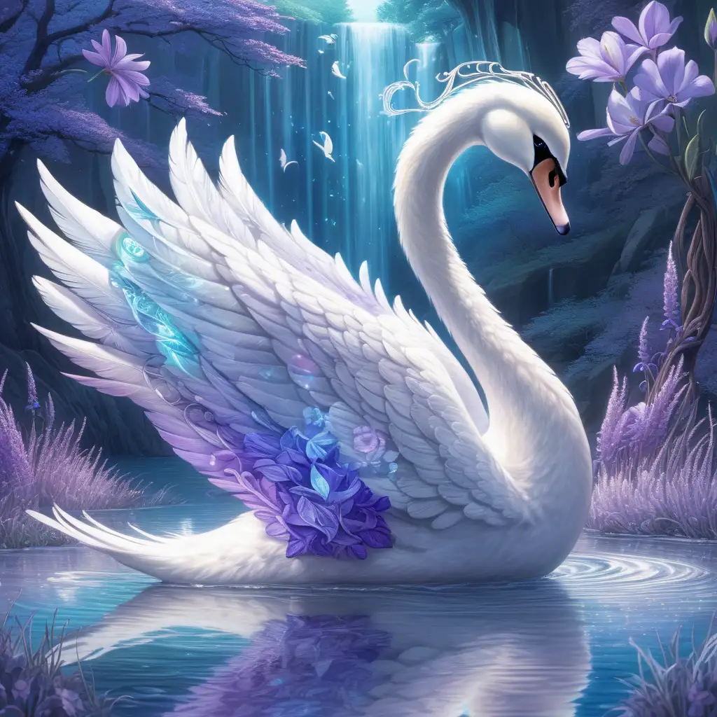 in anime style,  image of a beautiful mythical, magical swan in colors of blue and lavender never seen before, original character designs