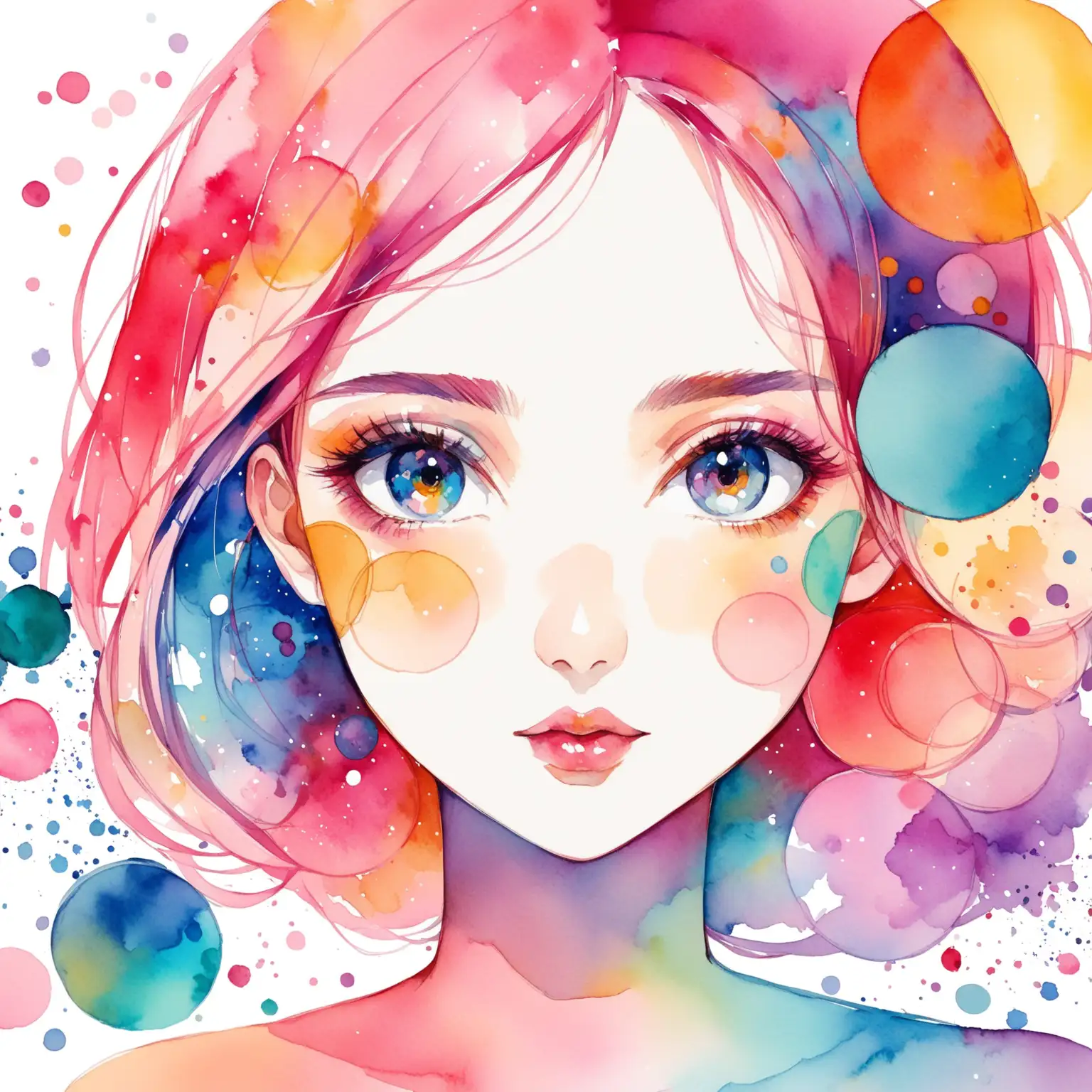 
draw me a backround for beautybox with anti-age theme, I want it to be water colours, abstract, but I want there to be a woman's face, colourful circles and other geometric shapes