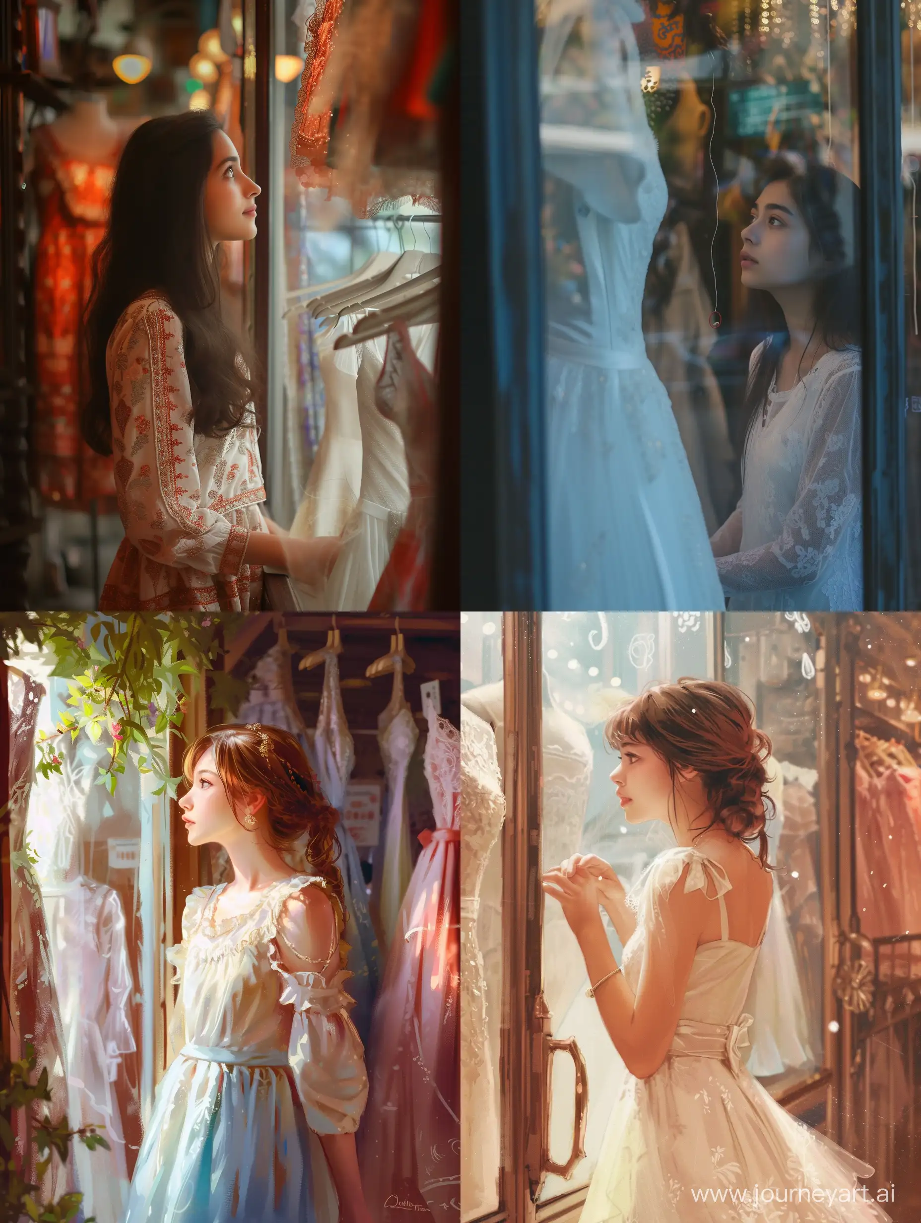 Красивая девушка в обычной одежде смотрит на витрину магазина с платьями
