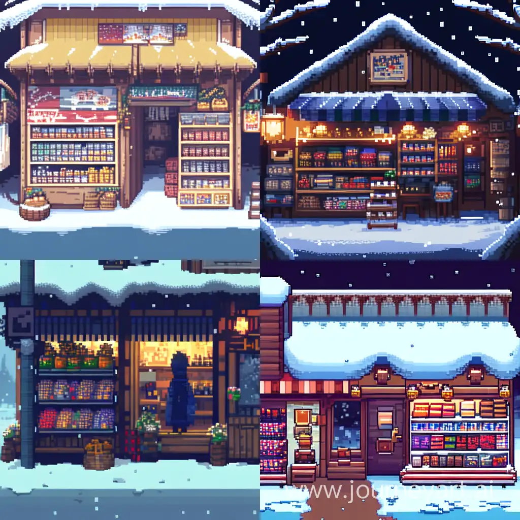 Generate a lonely store in the winter in a very small town, It should be in 8-bit style, but at the same time have dark colors and the store have a very warm entry