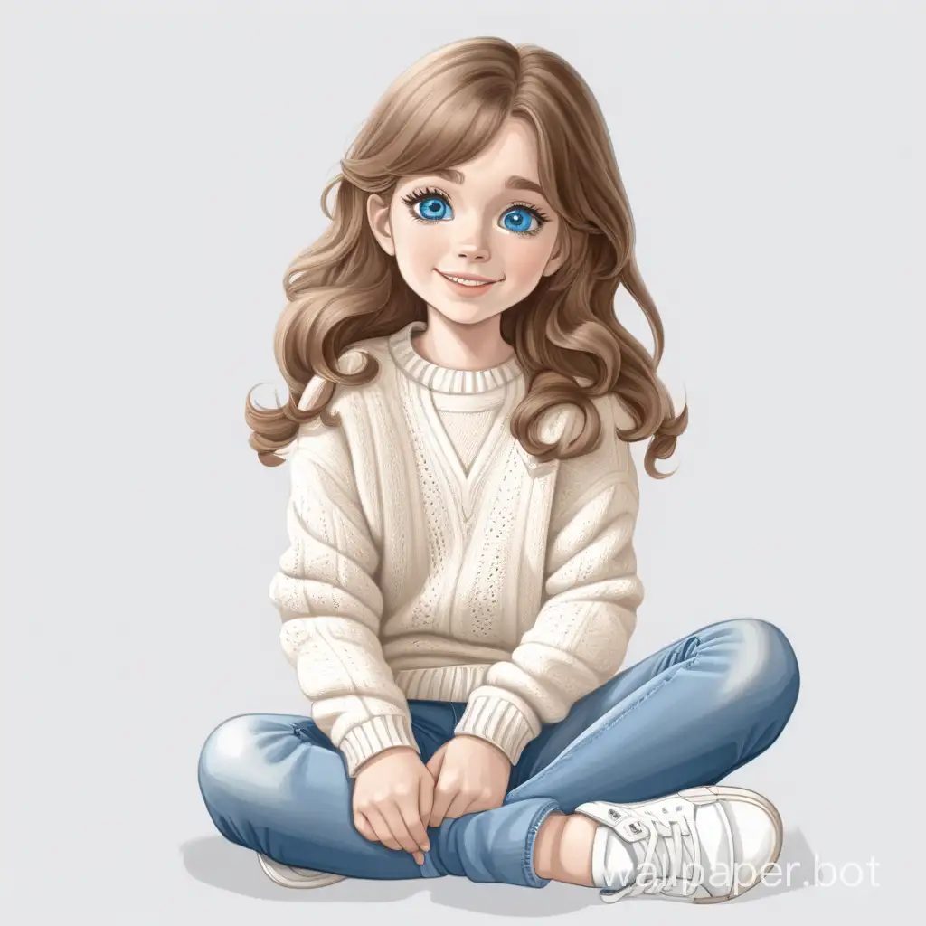 White background. A cute blue-eyed girl sits on the floor. A gentle smile. Brown wavy hair. Wearing a white knitted sweater, jeans, and blue and white sneakers. 2 legs. High detail, high quality. Sharp, clear focus. 2D, clip art style.