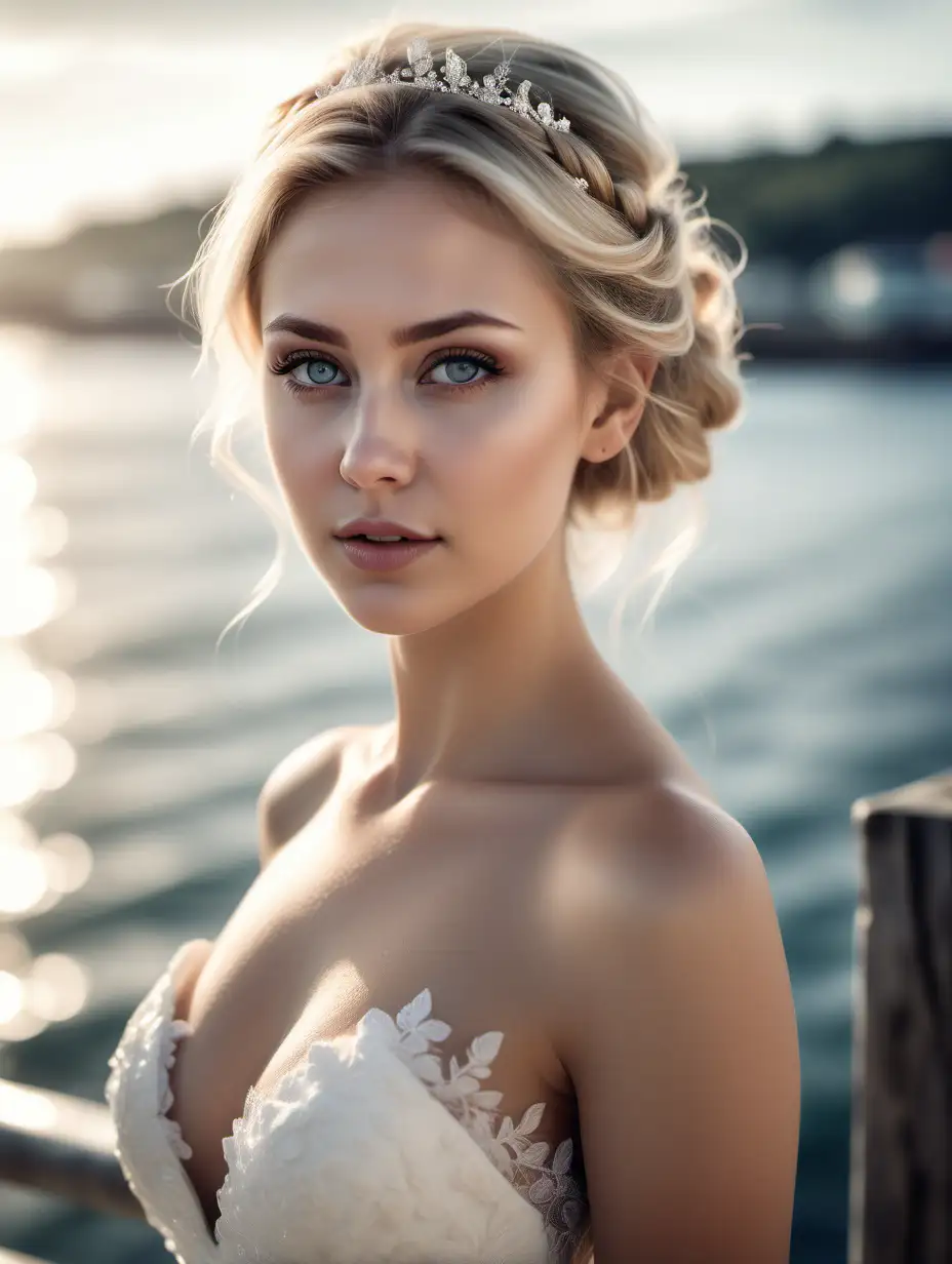 Beautiful Nordic woman, very attractive face, detailed eyes, perfect breasts, slim body, dark eye shadow, blonde hair in an updo, wearing a gorgeous wedding dress, close up, bokeh background, soft light on face, rim lighting, facing away from camera, looking back over her shoulder, standing on a pier with the ocean in the background, illustration, very high detail, extra wide photo, full body photo, aerial photo