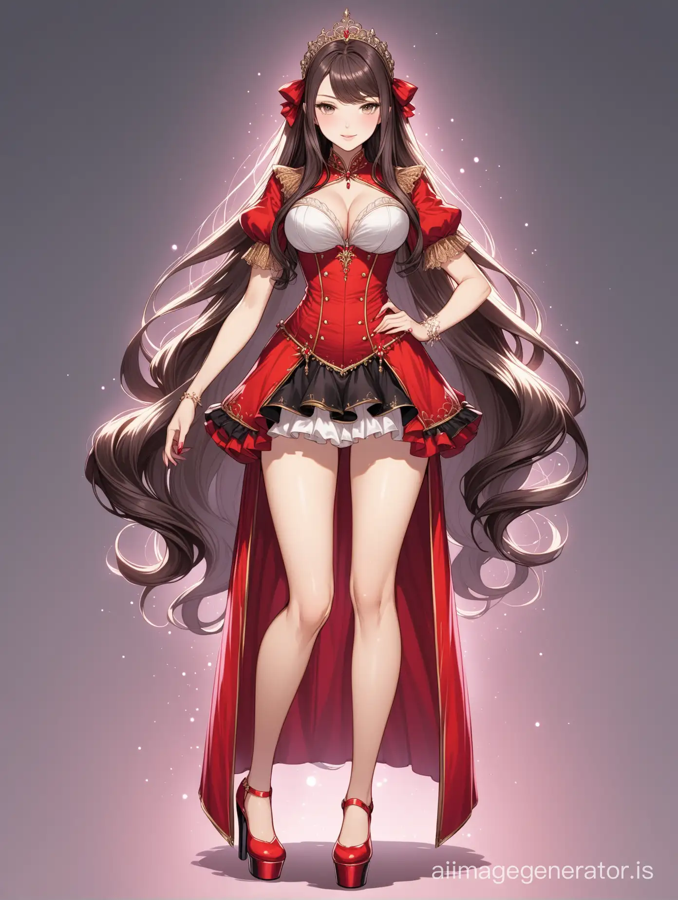 Full body image of a baroness girl with long hair wearing platform heels