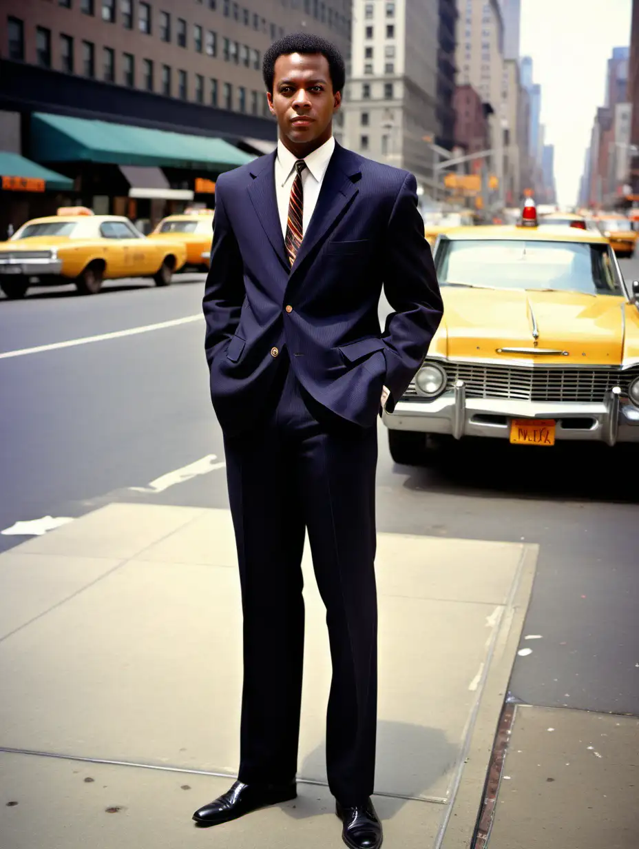 A handsome mixed african american man back in the 60s with a suit on in new york full body photo