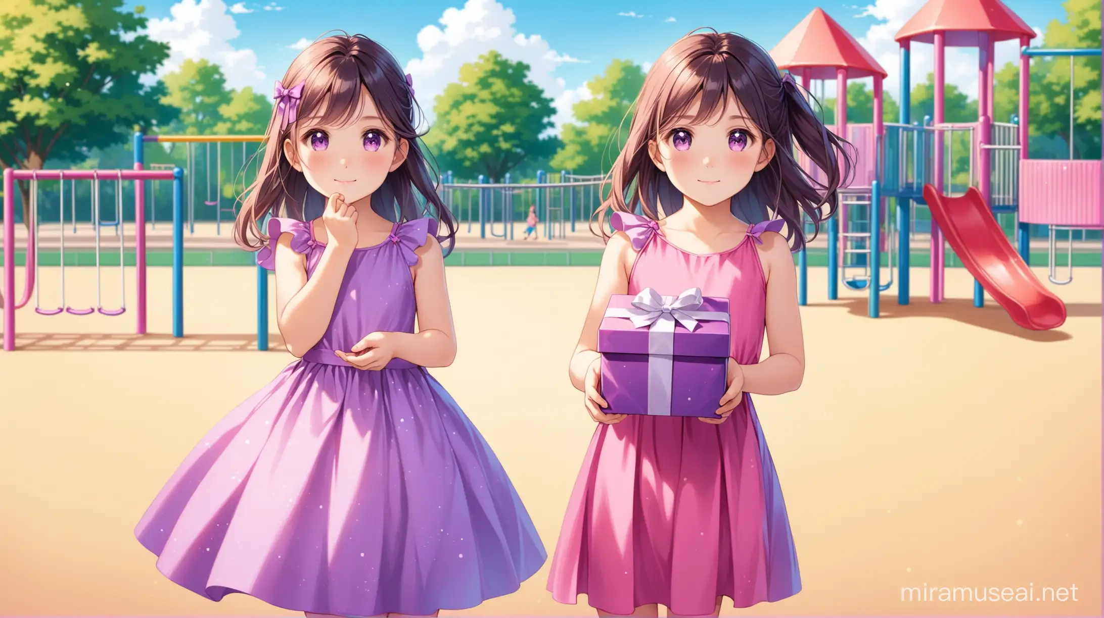 girl of seven years standing face on in a pink and purple dress, she is holding a birthday present, background is a playground