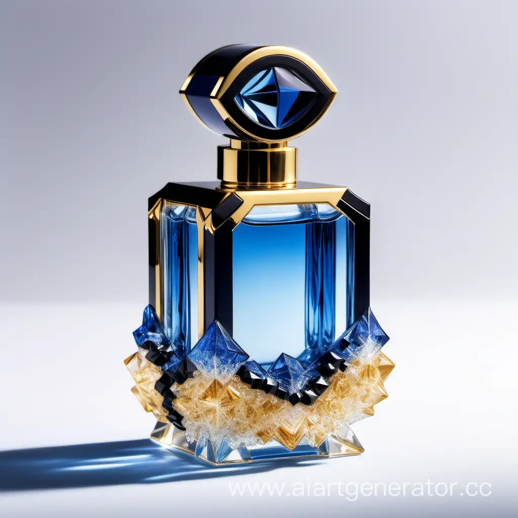 a crystal clear perfume bottle made of blue ,black and gold
transparent